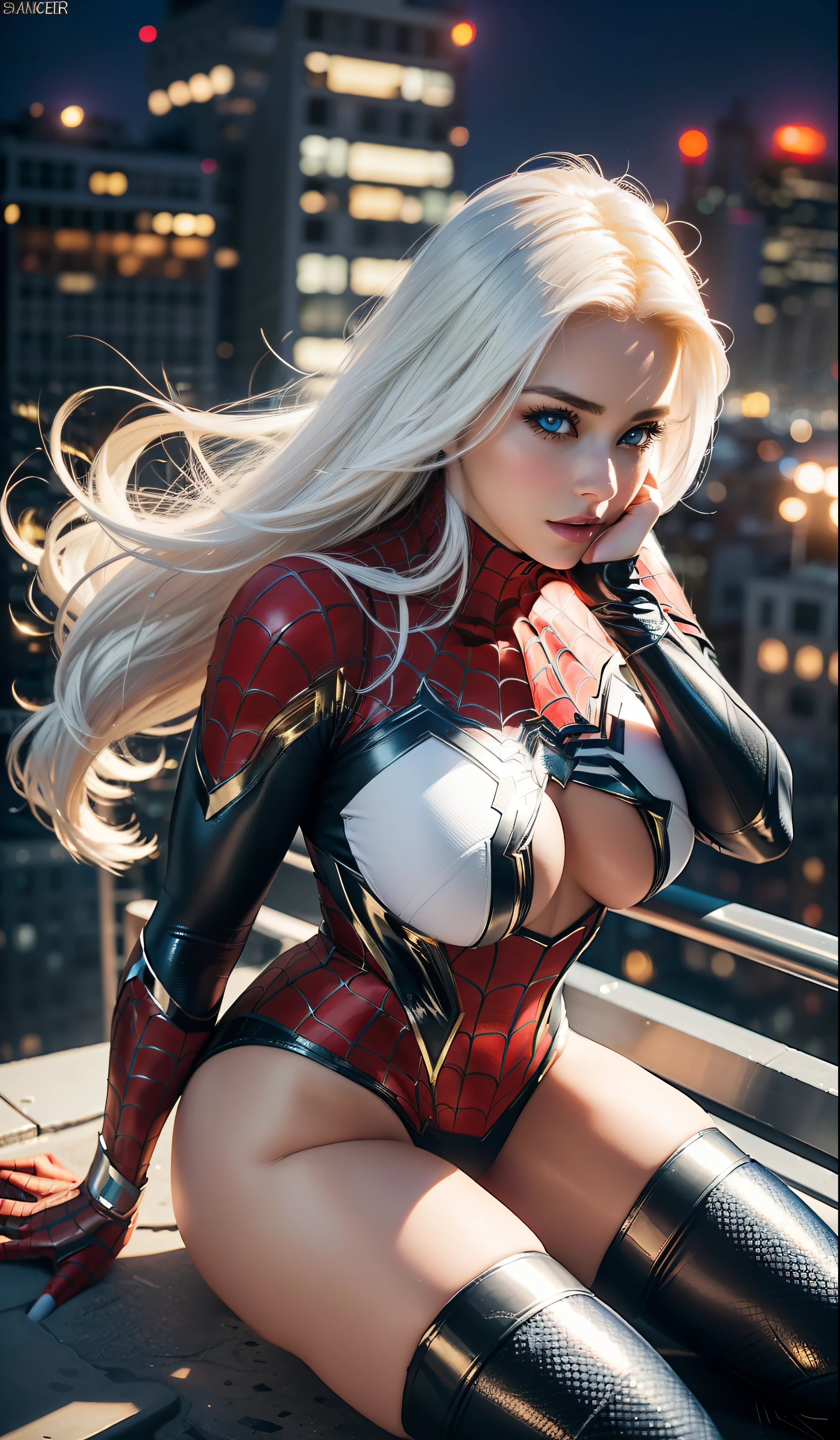 (masterpiece:1.4), (8k, photorealistic, RAW photo, best quality: 1.4), japanese, (1girl), beautiful face, (realistic face:1.4), (white hair, long hair:1.3), beautiful hairstyle, beautiful detailed eyes, (best ratio eyes:1.5), attractive, ultra high res, ultra realistic, highly detailed, best ratio, (detailed face:1.4), looking at viewer, red lipsticks, (best ratio fingers:1.5), (White superhero theme, charismatic, there's a girl on top of town, wearing lingerie Spider-Man costume, she's a superhero), [ ((25 years), full body, (realistic blue eyes:1.2), ((Spider-Man pose), show of strength, jumping from one building to another), ((sandy urban environment):0.8)| (cityscape, at night, dynamic lights), (full moon))] # Explanation: The Prompt mainly describes a 4K painting of ultra-high definition, very realistic, very detailed. It shows a superheroine at the top of the city, wearing a Spider-Man costume. The theme in the painting is a white superhero theme, the female protagonist has long white hair, is 25 years old and her entire body is shown in the painting. In terms of portraying the actions of superheroines, spiders are employed, (no bra:1.4), perky_nipples, ((exposed_nipples, exposed breasts, high proportional realistic breasts, realistic big breasts):1.3), (closed mouth:1.4), (camel_toe_pussy:1.3), innie_pussy,