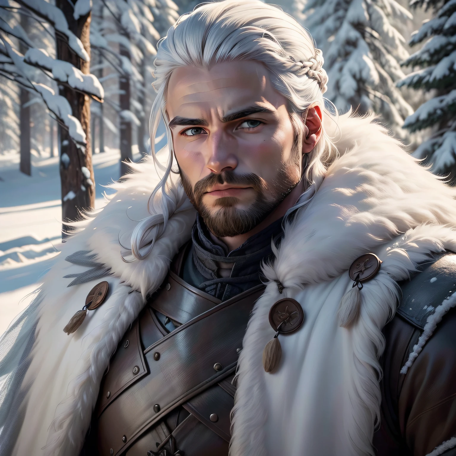 homem de 30 anos Alto, cabelos pretos e barba bem cuidada, olhos espertos em uma floresta densa coberta de neve em suas terras montanhosas em game of thrones