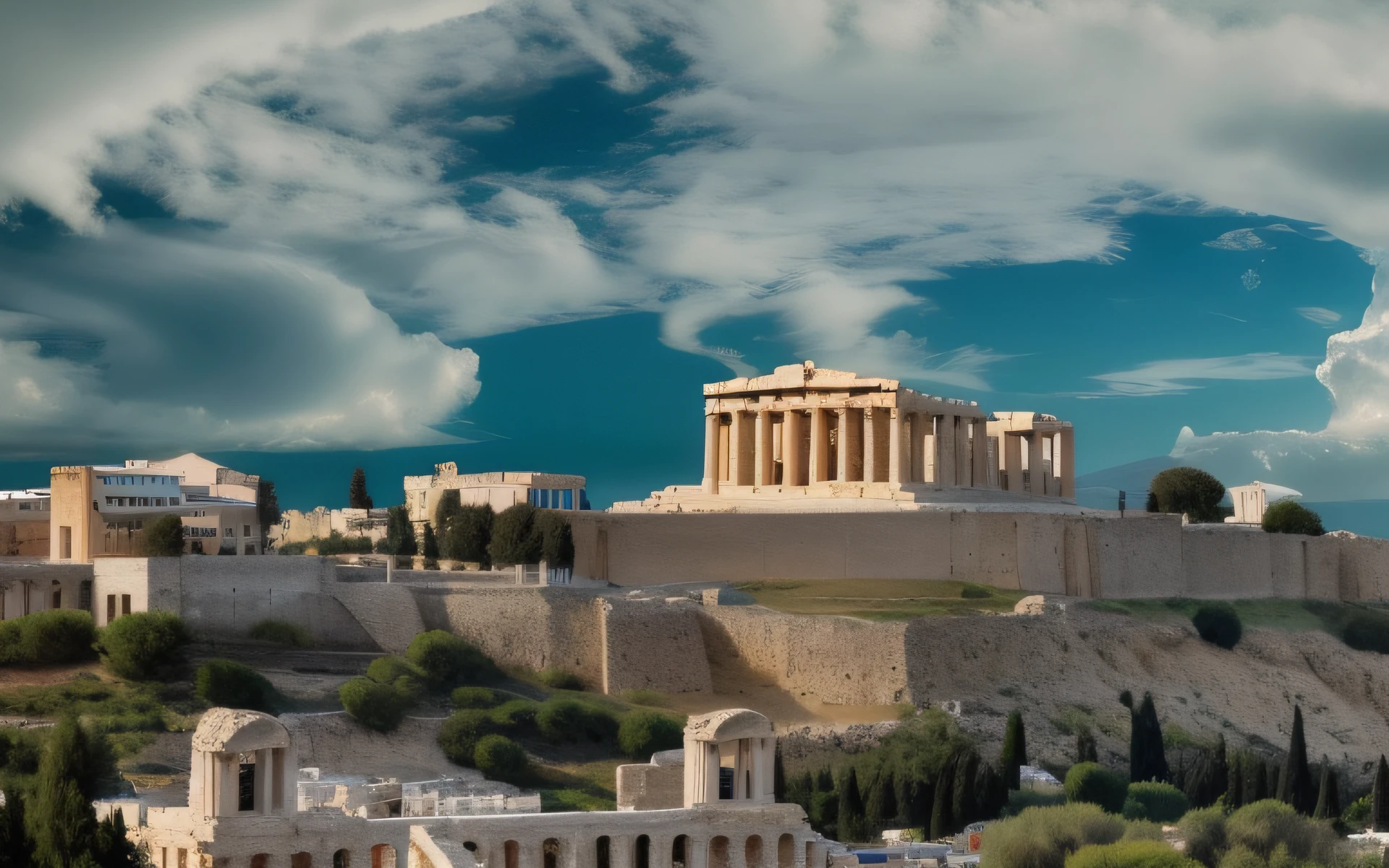 Uma vista pov, de dentro de uma janela de uma sala estoica com pilarde cada lado. ao fundo ,of the Acropolis and part of the hill of the Acropolis in the background, greek acropolis, classical greece, Cidade grega antiga, Parthenon, Greece, in a city with a rich history, Ancient Greece, Panorama da fantasia grega, ancient mediterranean city, Ancient Greek ruins, arquitetura grega, Atenas em segundo plano, Estilo grego antigo, Grego, grego antigo