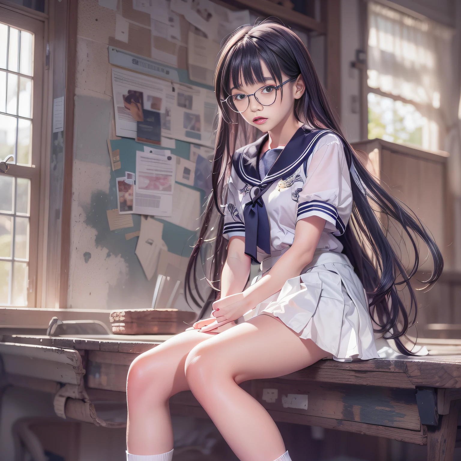 Junior high school students who remain young,Black sailor suit、pleatedskirt、(Knee-length skirt:2),((skirt rift:1.6)),eye glasses,1girl in、small tits、Thin leg、Female 1 Person, a 14 year old girl,独奏,Wearing underwear,Smaller face,(Face to feel)、Nasty look、Functional、de pele branca、Soft lips、Full body portrait、slim figure、delicated face、cute  face、a beautiful detailed girl、extremely detailed eye and face、beatiful detailed eyes, Abandoned school building, Raw photo,