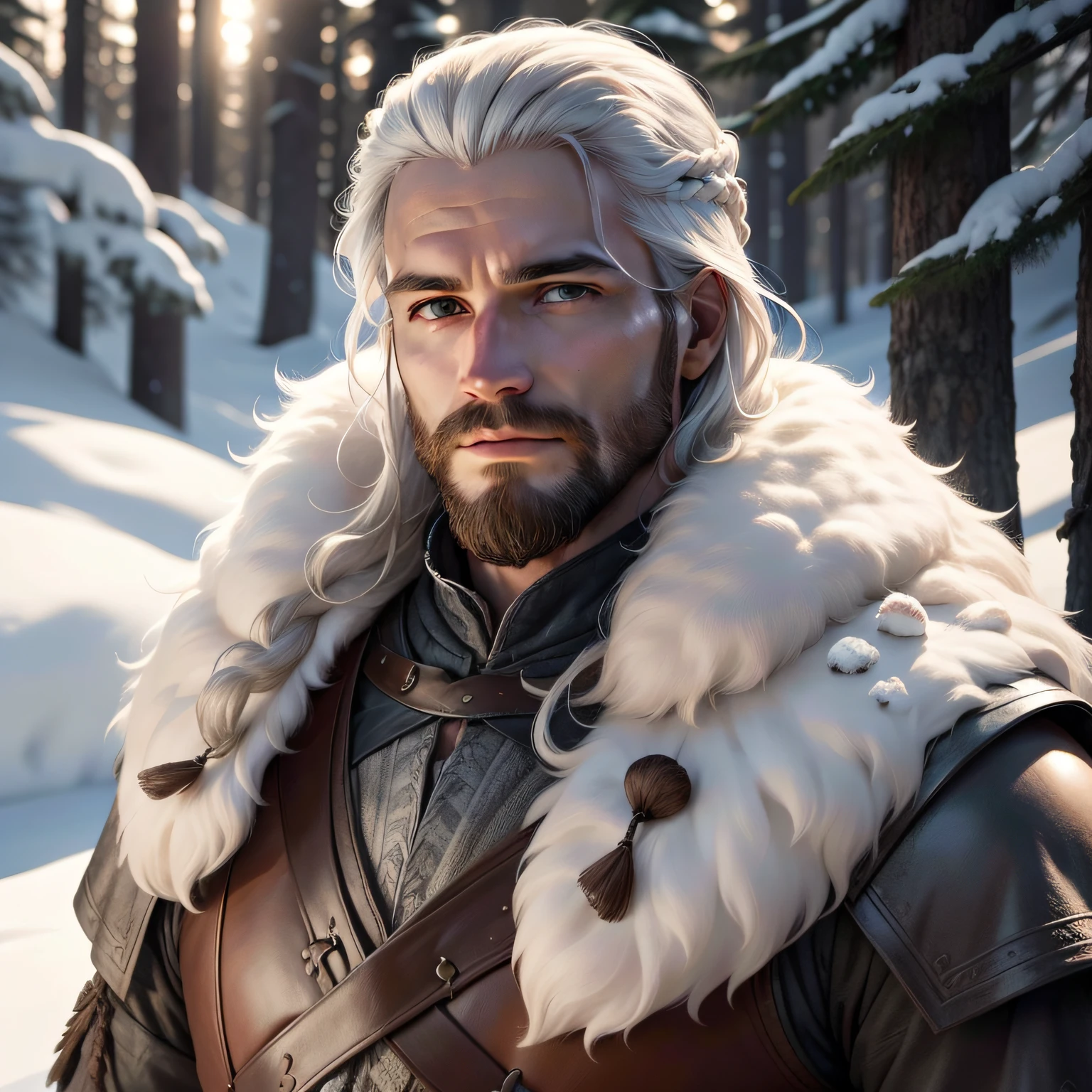 homem de 30 anos Alto, cabelos pretos e barba bem cuidada, olhos espertos em uma floresta densa coberta de neve em suas terras montanhosas em game of thrones
