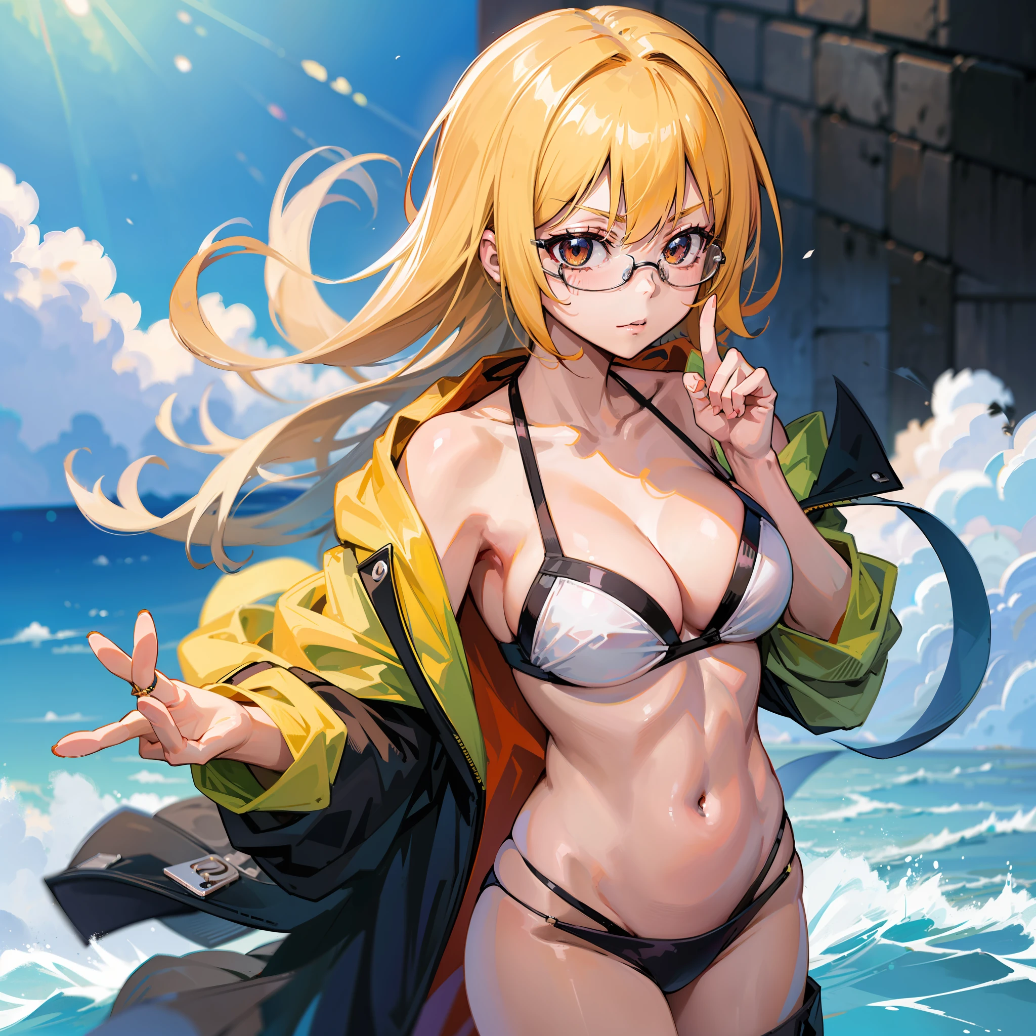 Un dibujo de caricatura de una mujer con gafas pelo corto negro y bikini, with index finger, Anime Moe Artstyle, Gapmoe Yandere, Pose de anime, "Chica de anime, Dar el dedo medio, en un estilo anime, Sombreado plano estilo anime, Nagatoro, Yandere, por Kamagurka, Estilo de anime limpio y detallado, por Shingei, Pin en anime