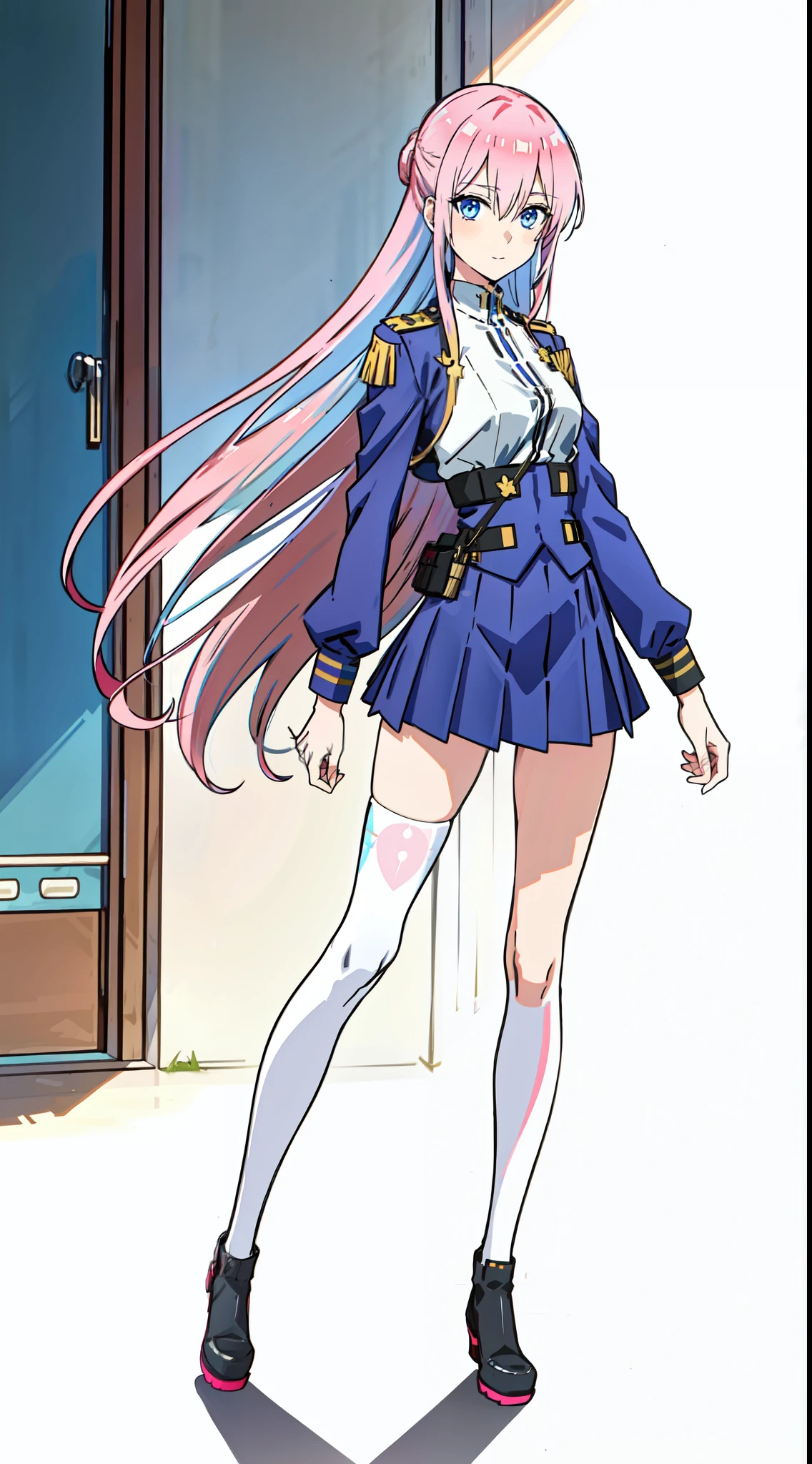 shikimori, slim legs, exposed navel, short skirt, beautiful eyes, blue eyes, happy, soldier uniform, pink hair, long hair, thigh high socks, balcony, full body, leaning