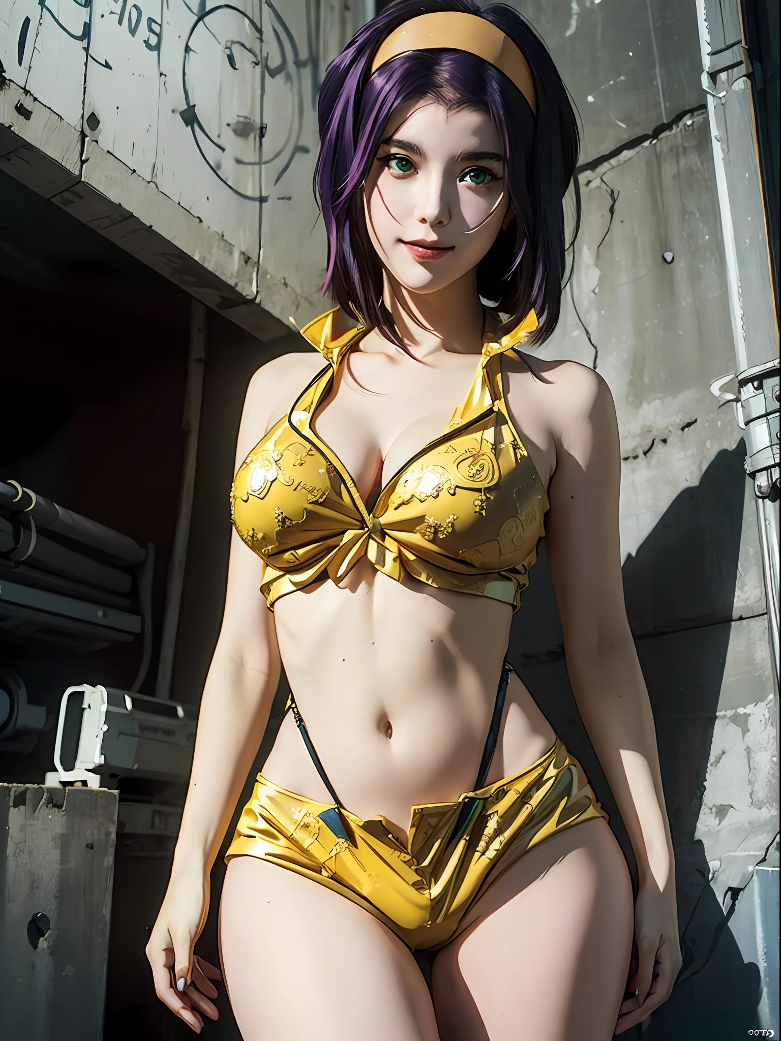 (8k), (best quality), (masterpiece:1.2), (realistic), (photorealistic:1.37), ultra-detailed, Faye Valentine, 1girl, green eyes, sexy smile, purple hair, medium breasts, cleavage, hairband, highleg, navel, panties, short hair, solo, yellow hairband, full body, ultra-wide shot, near a spaceship, natural skin, perfect hands, five fingers, (detailed eyes:1.2), (detailed face:1.2), (realism:1.2), (masterpiece:1.2), (best quality), (ultra detailed), (intricate), (85mm), (highly detailed:1.2), (gradients), sfw,