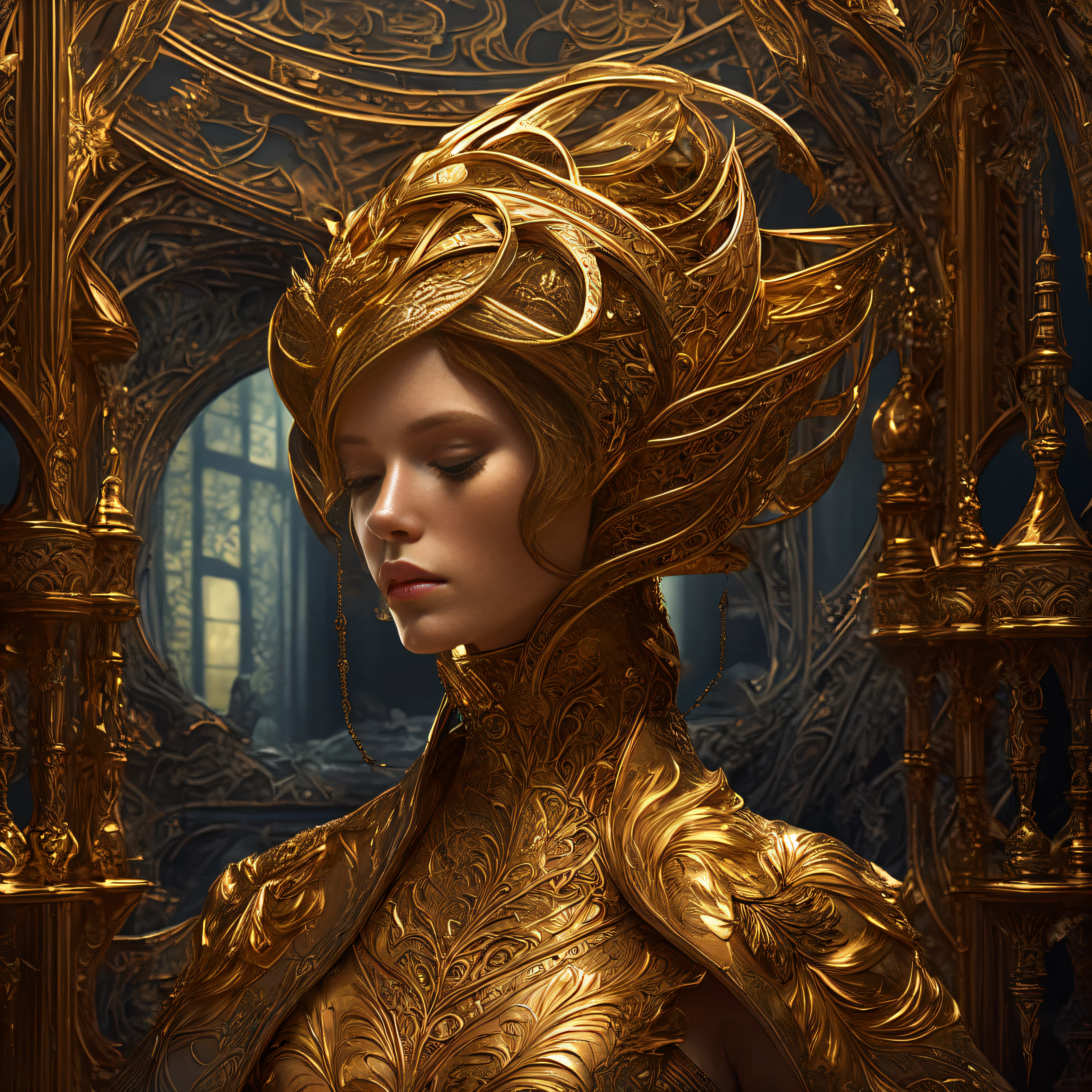 (super shiny gold, bright gold, dramatic lighting, hyper detailed, extremely intricate, shiny gold, glistening, ultra details, dramatic light, 8k, masterpiece, beautiful, best quality:1,5), arafed woman with a golden headpiece in a dark room, (closed eyes:1.9), intricate wlop, art nouveau octane render, fantasy art behance, karol bak and peter mohrbacher, hyperrealistic art nouveau, tomasz alen kopera and cgsociety, peter mohrbacher. unreal engine, 4k highly detailed digital art, hyperdetailed fantasy character