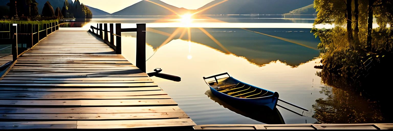 Arafed wooden walkway over the lake with a bicycle parked on it, summer evening, calm evening, Beautiful composition, Image, full of reflections, in the early morning, Summer situation on the lake, at sunrise, Beautiful background of the lake, At dawn, Small Dock, peaceful atmosphere, perfect symmetrical image, summer morning, beautiful lake, incredibly beautiful, amazing composition, tranquility