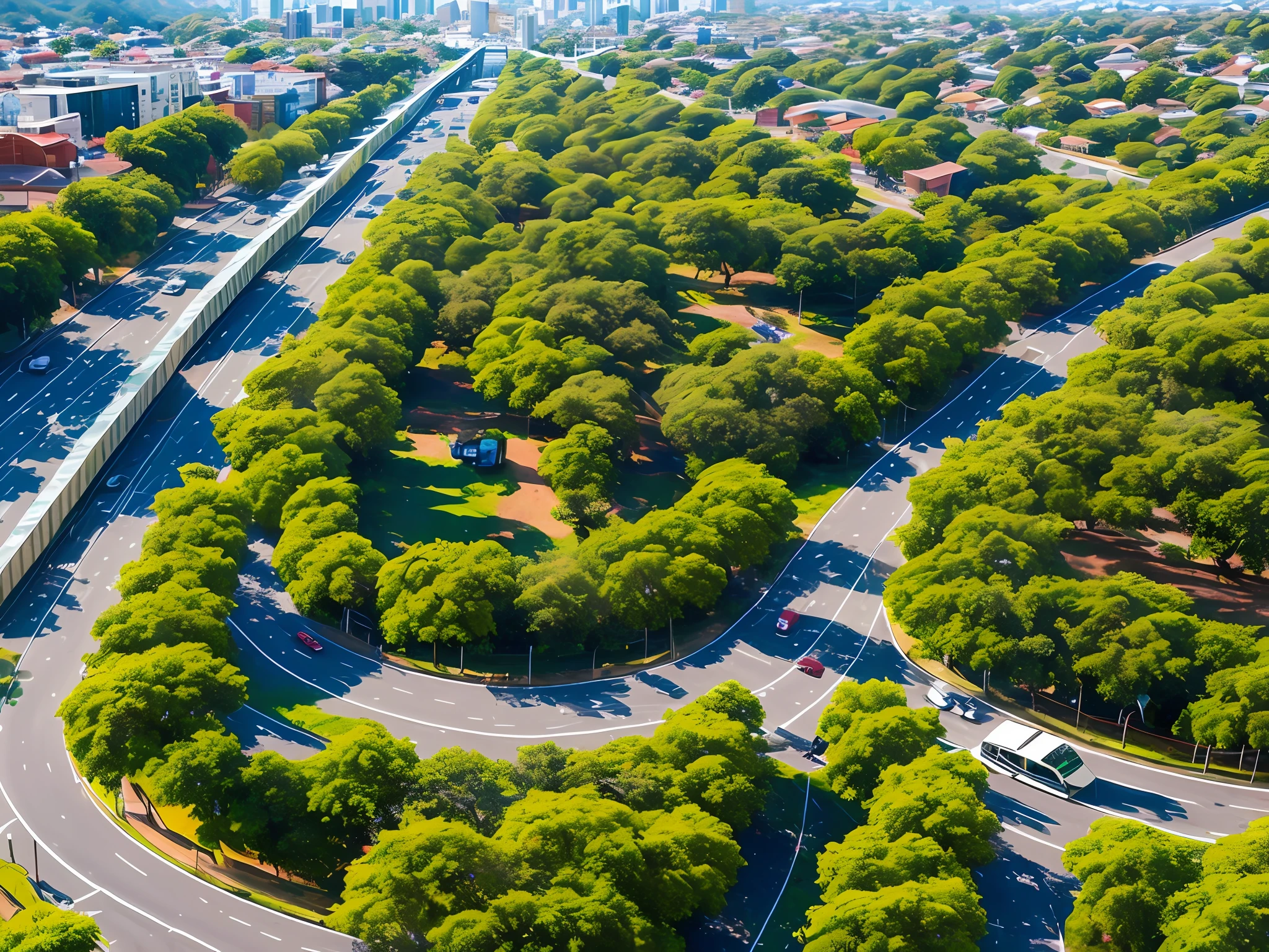Crie uma cidade futurista com pessoas andando pelas ruas, alguns carros voadores passando, mirrored buildings in a sunny place, ruas com carros e jardim bem verde gramado