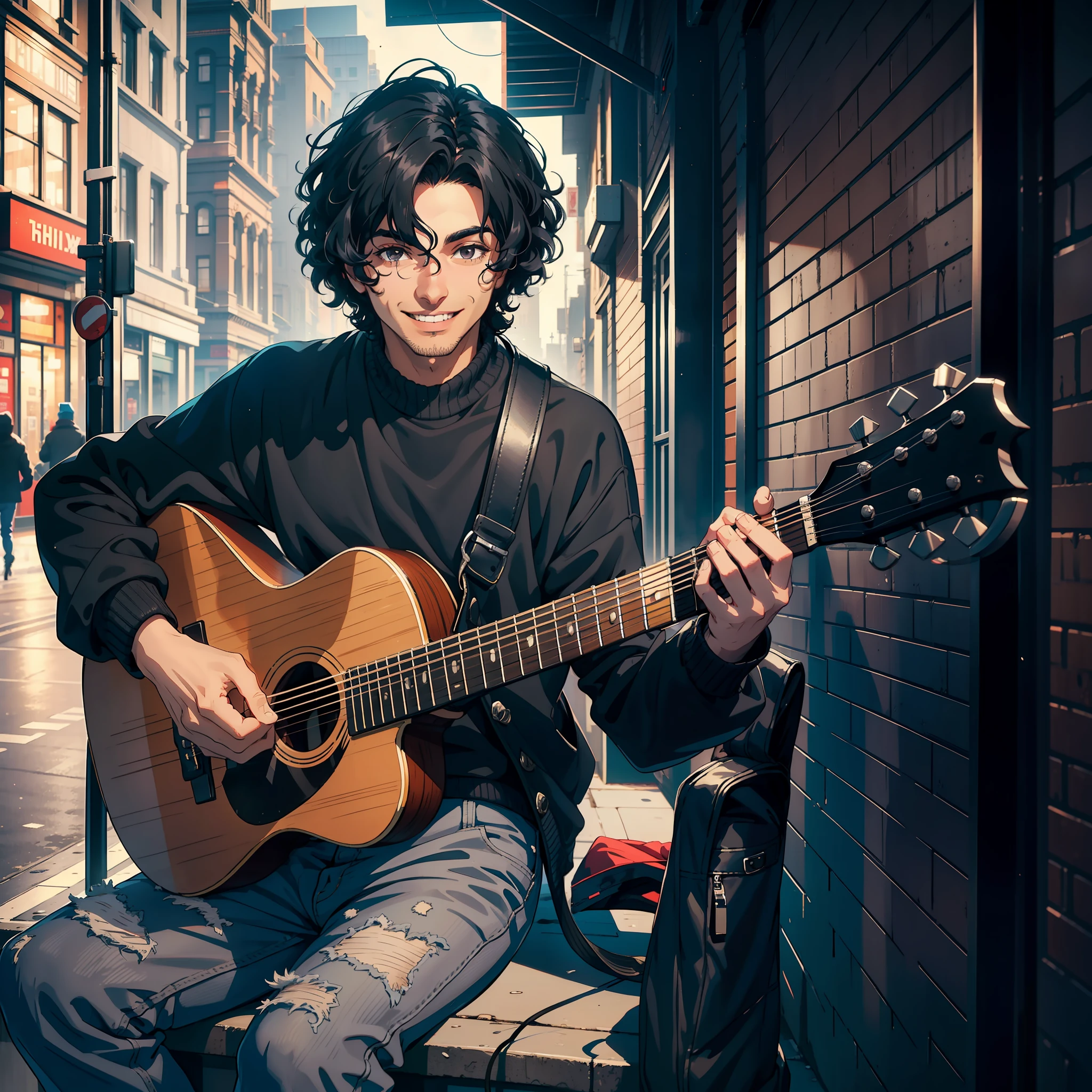 Happy Punjabi man, big smile, short black wavy hair, grey sweater, black puffy jacket, blue jeans, playing guitar in the streets of London