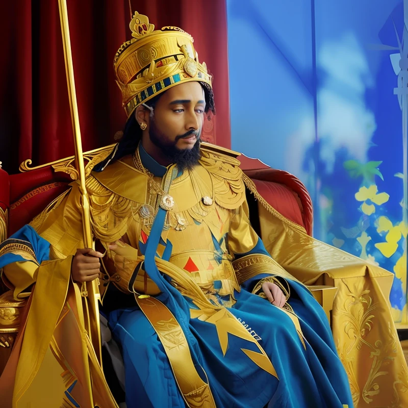 arafed man in a blue robe and a gold crown sitting on a red chair, dressed as emperor, majesty in noble clothes, [ colourful, brown skin man egyptian prince, ottoman sultan, rastafarian, great king of stovokor, colorized 1 9 0 4 photo, royal emperor, colorized, seated in royal ease, kemetic, masterpiece', minilik the second, Ethiopian king, Minilik 2nd