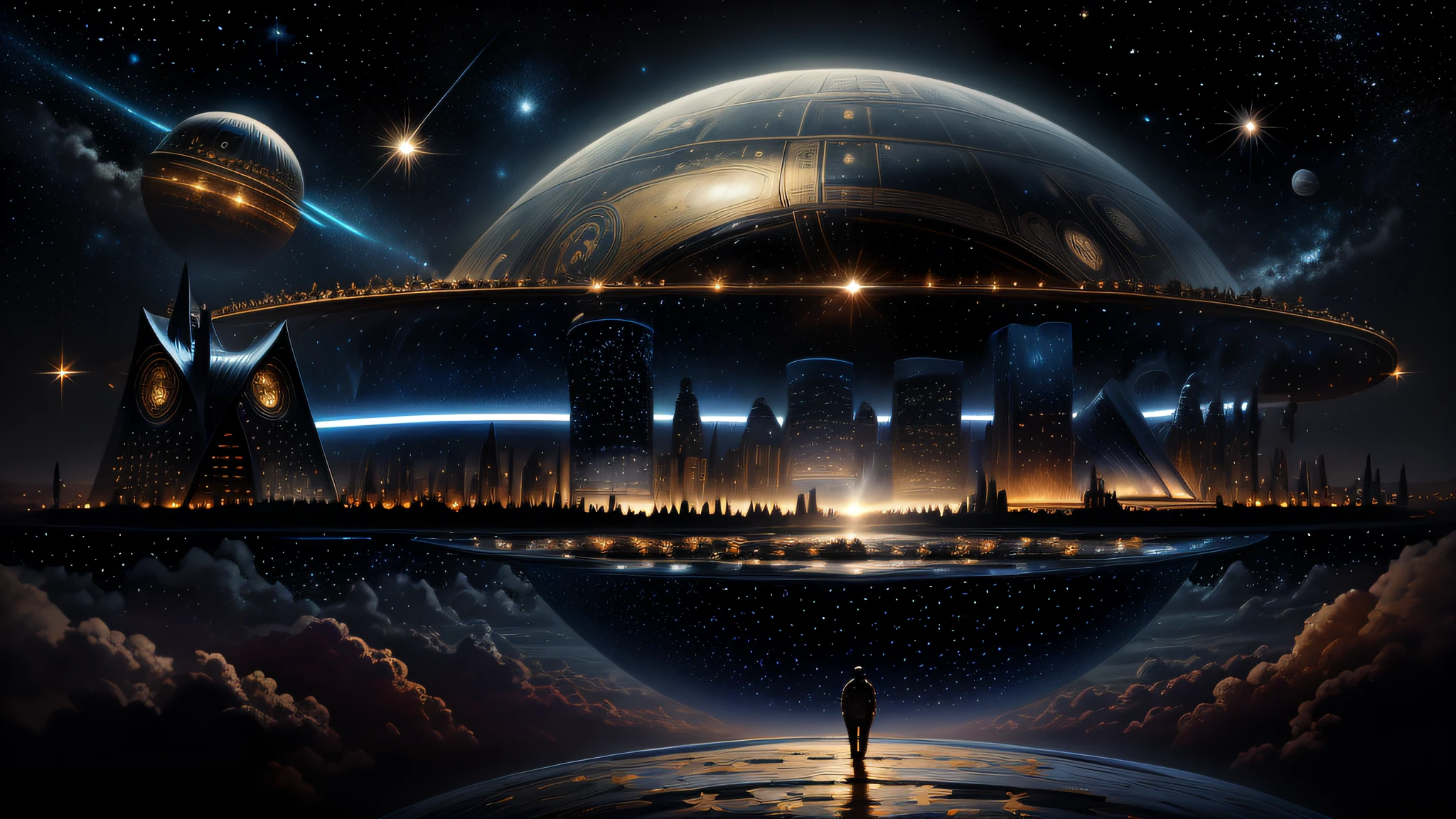 A man standing in front of a spaceship with a city in the background ...