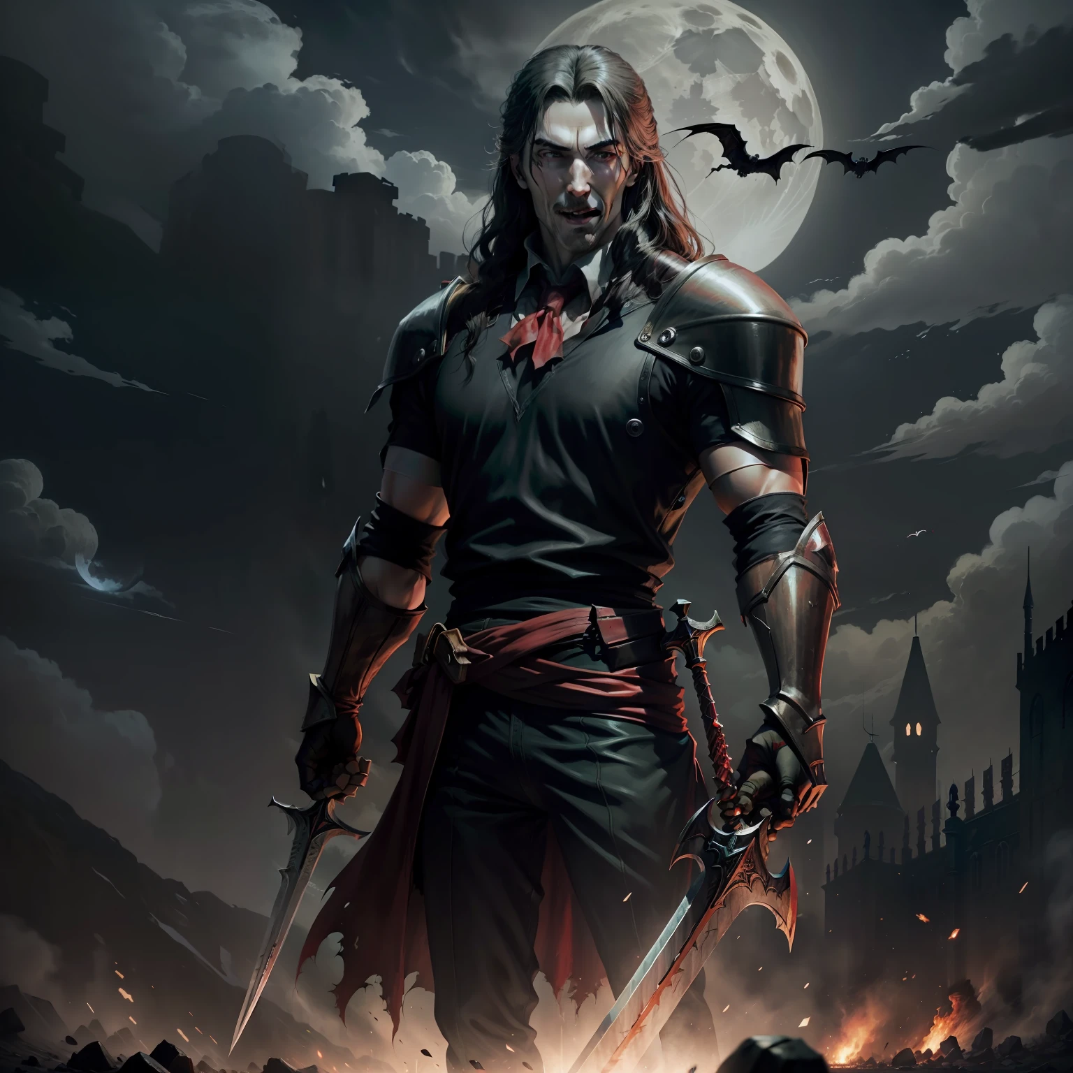 A realistic image of Dracula from the Castlevania lord of shadow, in the middle of a battlefield with several fallen soldiers bleeding with the light of the moon reflecting and Dracula with a sword in hand and with a sarcastic smile