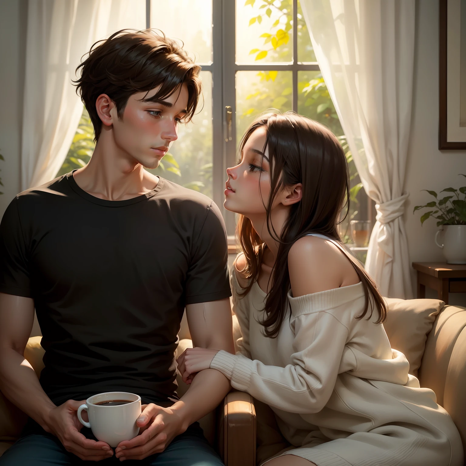 A dreamy painting that portrays a boy and a girl immersed in conversation, sipping coffee in a cozy living room surrounded by lush greenery. Sunlight filters through large windows, casting a soft glow on their faces, illuminating the room with a tranquil ambiance. The brushstrokes are loose and expressive, capturing the warmth and intimacy of the moment, painted with acrylics on canvas using a palette knife for texture and vibrant colors,