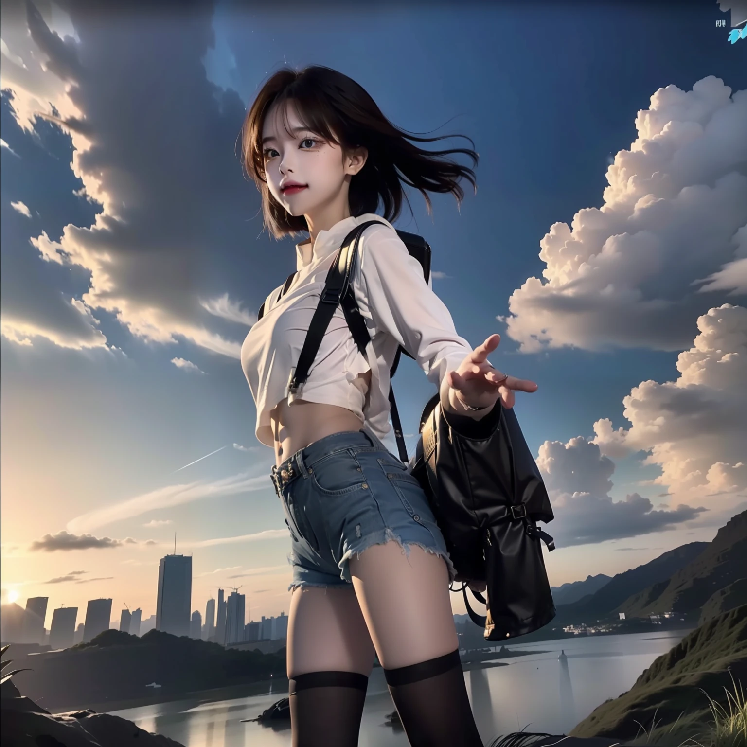 (beautiful and magnificent skyline, majestic sky), (extremely tense and dramatic pictures, moving visual effects), (high hanging Polaris, colorful natural light), (1girl), (long-sleeved top, denim shorts, carrying a backpack), (dynamic pose:1.3, black eyes, black hime-cut hair, sparkling girl)[:0.8], (large grassland), (oncoming breeze), (brown hair and background Coordination effect: 1.2), (close shot, long shot mix and match)[::0.9]