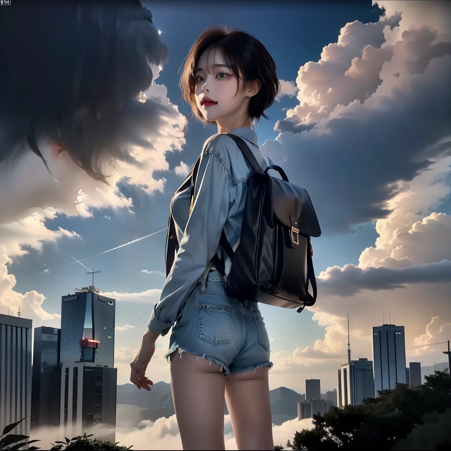 (beautiful and magnificent skyline, majestic sky), (extremely tense and dramatic pictures, moving visual effects), (high hanging Polaris, colorful natural light), (1girl), (long-sleeved top, denim shorts, carrying a backpack), (dynamic pose:1.3, black eyes, black hime-cut hair, sparkling girl)[:0.8], (large grassland), (oncoming breeze), (brown hair and background Coordination effect: 1.2), (close shot, long shot mix and match)[::0.9]