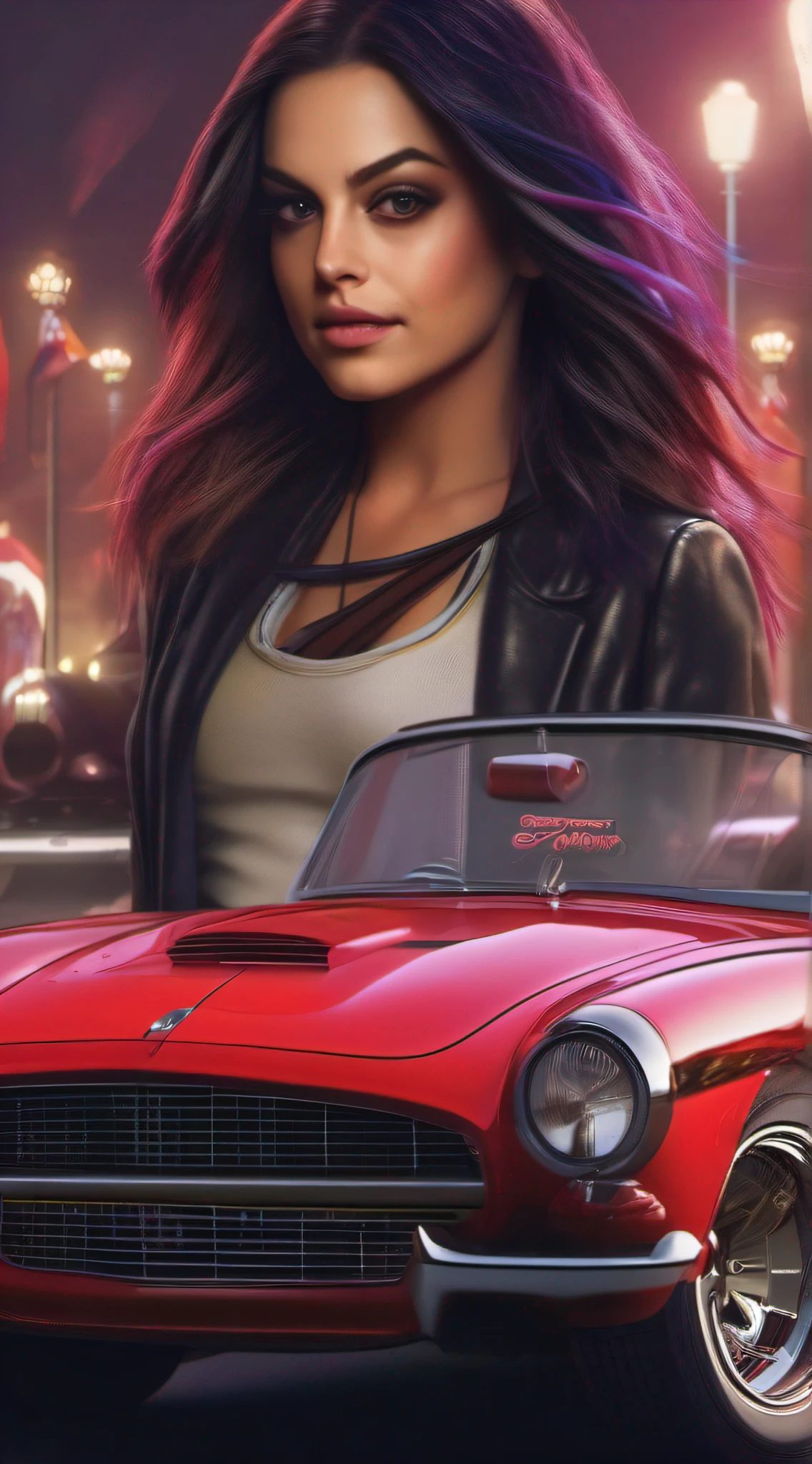 Mila Kunis as a gorgeous Harley Quinn standing on ground near modern sport car, wind in the hair, (8k:1.2) best lighting, masterpiece