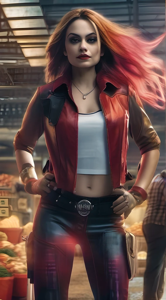Mila Kunis as a gorgeous Harley Quinn standing on ground at city market, wind in the hair, (8k:1.2) best lighting, masterpiece