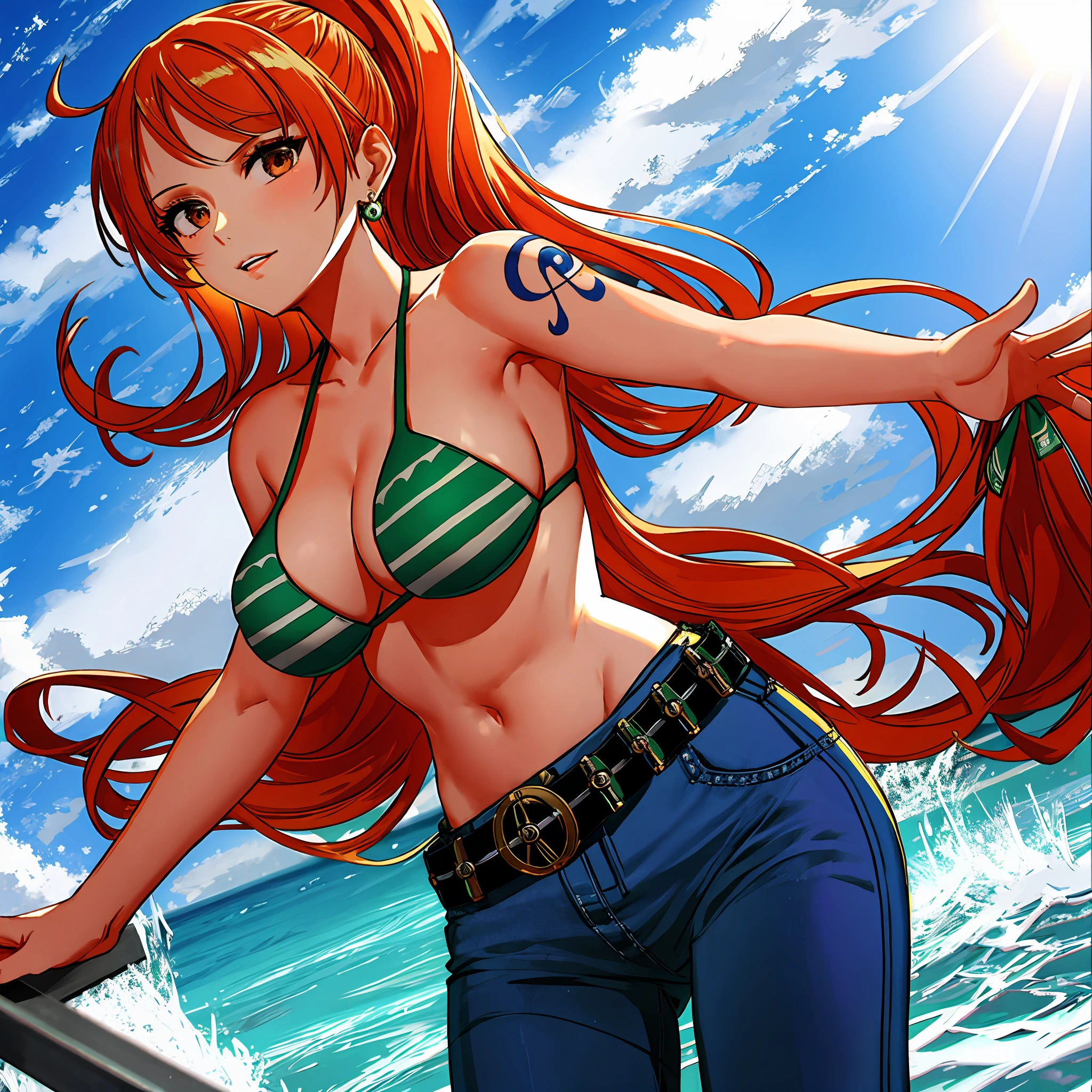 detailed background, masterpiece, best quality, late youth, adult, (hand spread sideway), 1girl, active, energic, (largemouth) , (((solo))), nami \(one piece\), 1girl, bangle, (leaning forward, tilting, hands up, bruises on body, (high extremly thick Voluminous ponytail, long hair, wavy ponytail, shaved armpit)), perfect detailed face, bold drawing lines, muscular arms, detailed bold arm lines, flat jaw, adult woman, (thick defined bangs, very long left side bangs, lock of hair upward), floating bang streaks, (big cheeks), bare shoulders, off-shoulders, belt, bikini, bikini top only, blue sky, bracelet, springy breasts, breast lines, big round eyes, plain big brown shiny eyes, bubbles, high eye position, cleavage, cloud, day, denim, earrings, floating hair, shiny hair, green belt, green bikini, bold groin lines, jeans, jewelry, medium breasts, log pose, long hair, looking at viewer, navel, wet hair, orange hair, pants, shoulder tattoo, sidelocks, sky, solo, standing, stomach, swimsuit, tattoo , looking at viewer, open mouth, detailed left arm, big forehead, hourglass figure, small head, toned body, wide hair, wind effect, sun effect, under the sun, narrow small ears angle, older, random poses,