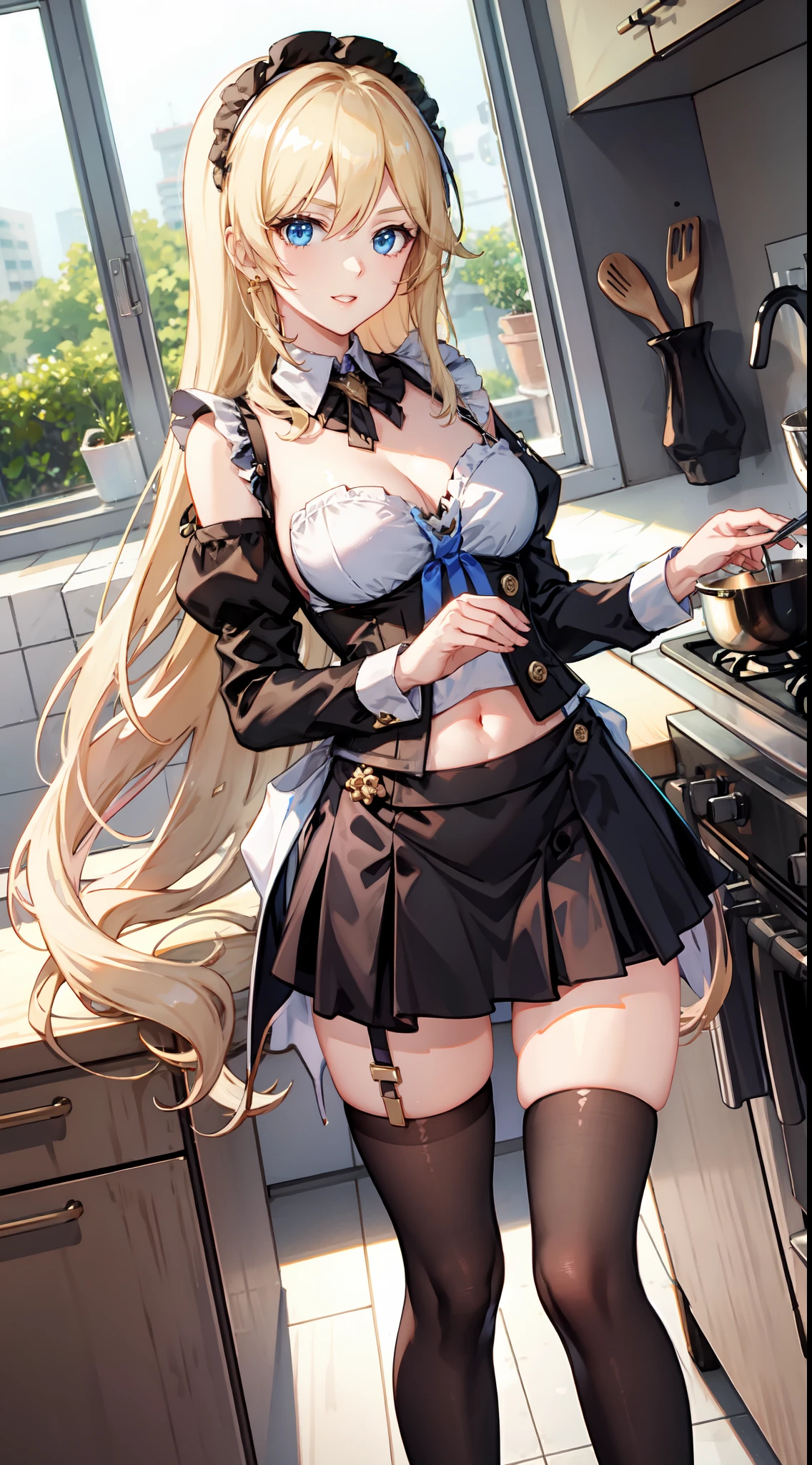 slim legs, cleavage, short skirt, navel, blue eyes, thigh high socks, stand, blonde hair, long hair, short skirt, durandal, happy, maid uniform, kitchen