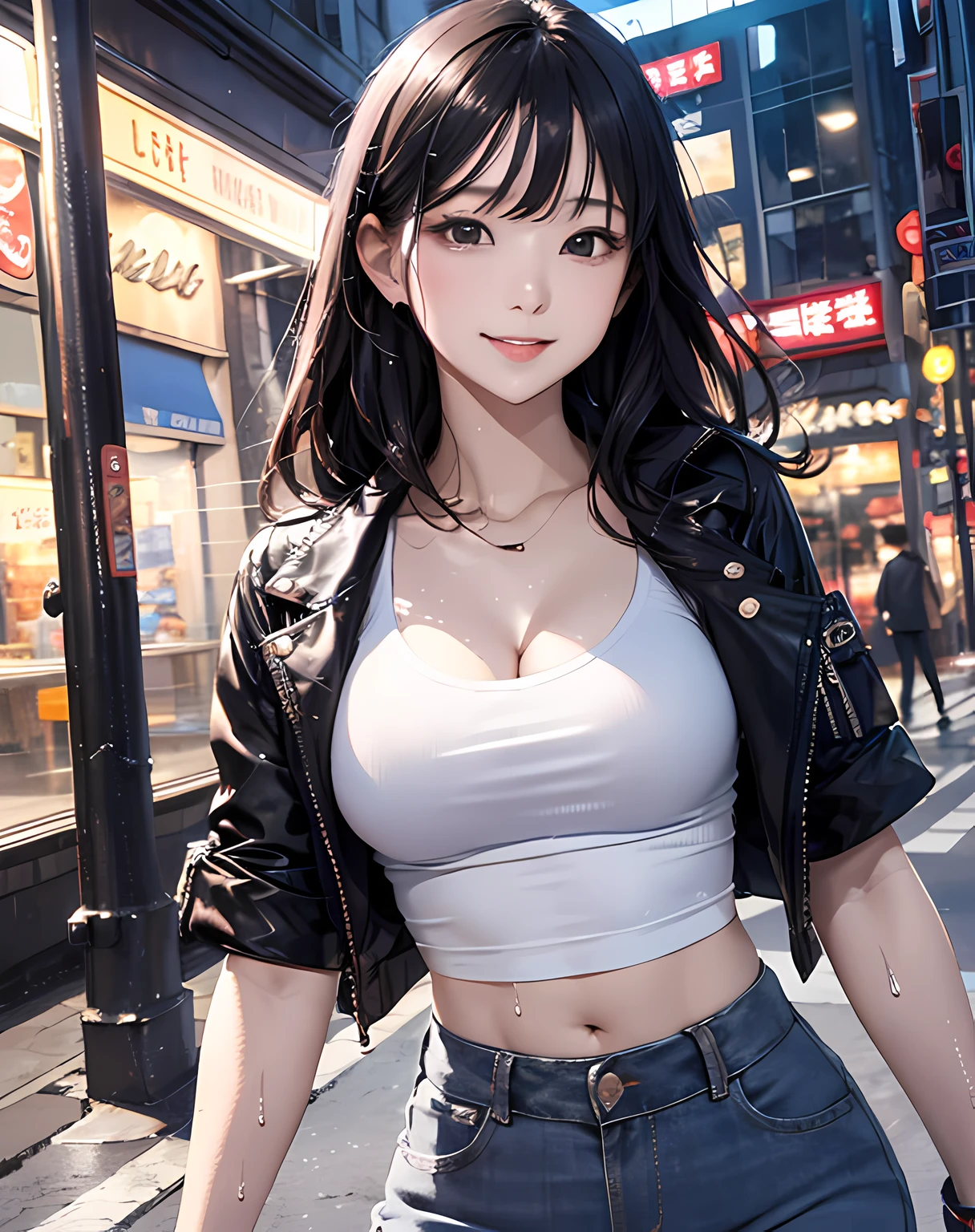 (8k, best quality, masterpiece:1,2), (realistic, photo-realistic:1,37), top quality, masterpiece, a beautiful woman, wearing a shirt for women crop v neck top white t-shirt korean fashion women t with a tight open gray color jacket, beautiful and toned body, cleavage, floral mini skirt, walking in the suburbs, slightly drizzling night background, in shops with Korean-style shop lights, night atmosphere, slightly wet asphalt, seductive smiles with dimples,