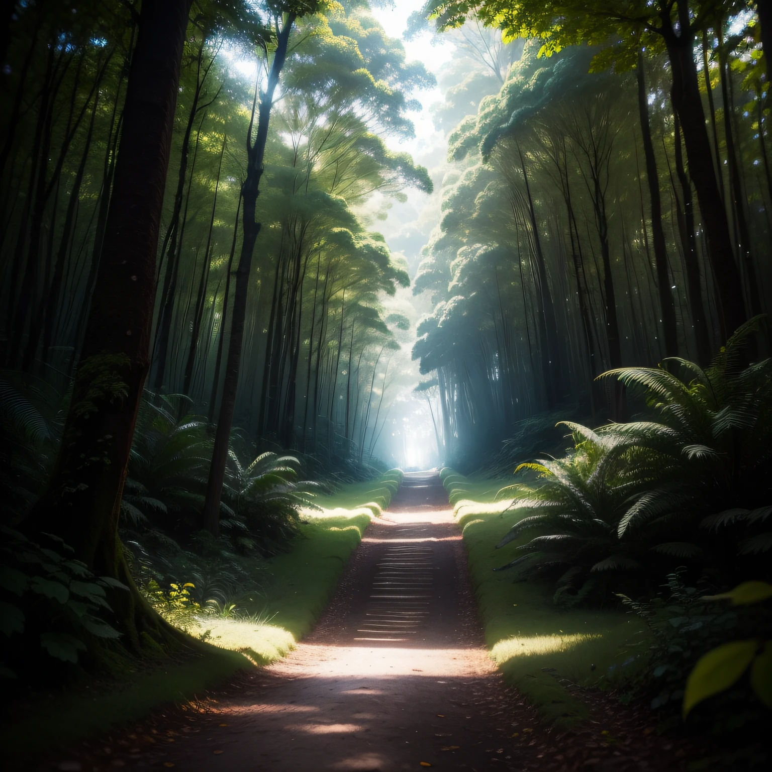 seguindo seu caminho em uma floresta iluminada, caminho longo, detalhe, soft natural volumetric cinematic perfect light, Chiaroscuro, fotografia premiada