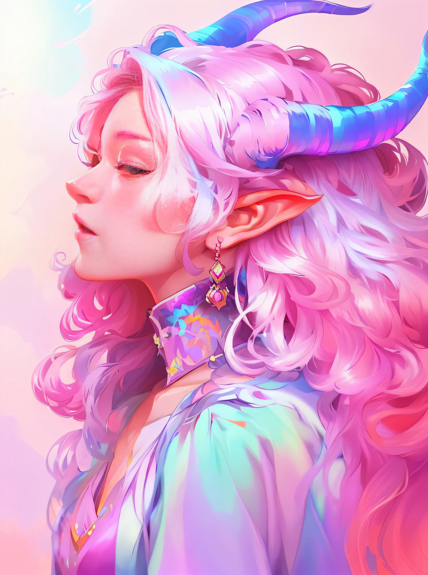 painting of a woman with a goat's head and a colorful dress, rossdraws pastel vibrant, girl design lush horns, inspired by Yanjun Cheng, tiefling, dnd portrait of a tiefling, rossdraws cartoon vibrant, cosmic tiefling d&d, by Russell Dongjun Lu, jen bartel, beeple and jeremiah ketner, colorful illustration