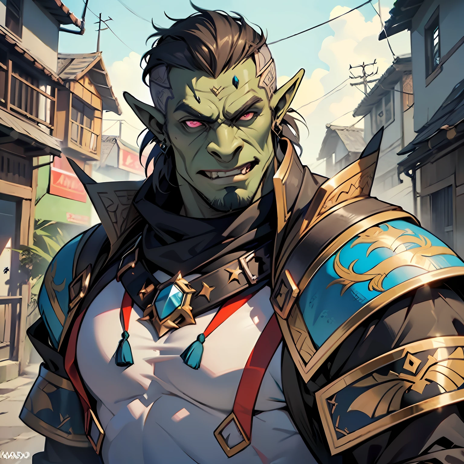 1man, um personagem do RPG Dungeouns & Dragons, insanamente detalhado, ((A man of the orc race)), classe Bardo. Rosto centralizado, Rosto bonito, olhos amarelos, cavanhaque preto, careca, elegante, sexy, corpo esguio, (((vestindo armadura completa de couro))), braceletes de couro, rosto bonito, carismatic, pele texturizada, Detalhes intrincados, Obra-prima, 8k, estilo cartoon