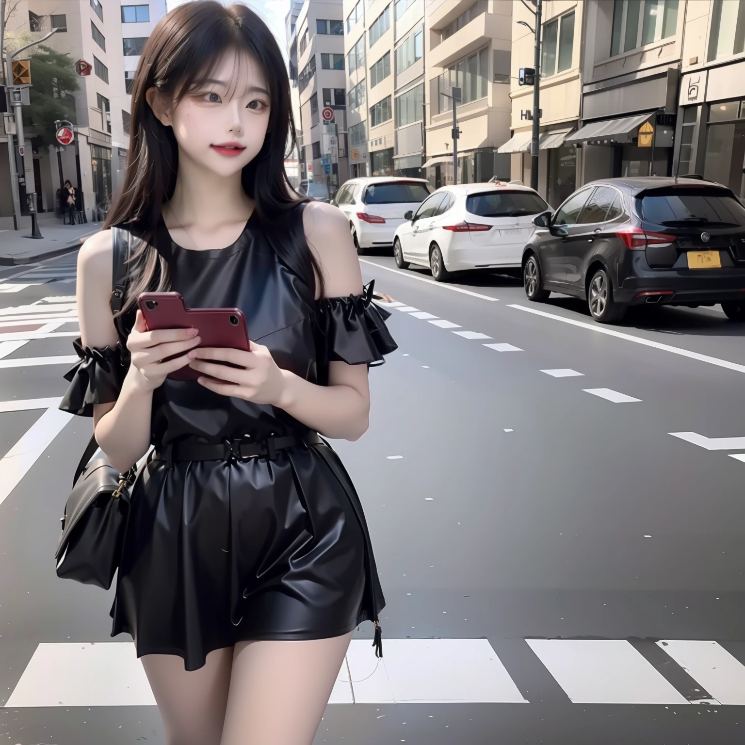 Beautiful woman, fiddling with cell phone in the middle of the street, short clothes