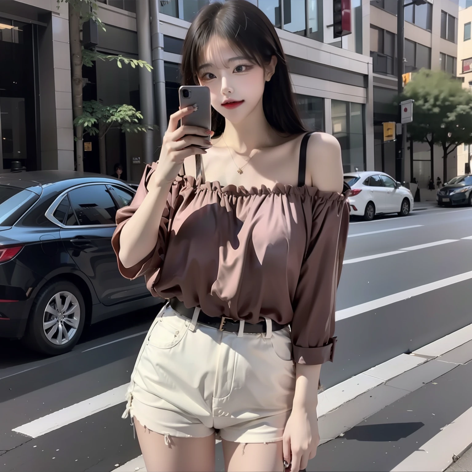 Beautiful woman, fiddling with cell phone in the middle of the street, short clothes