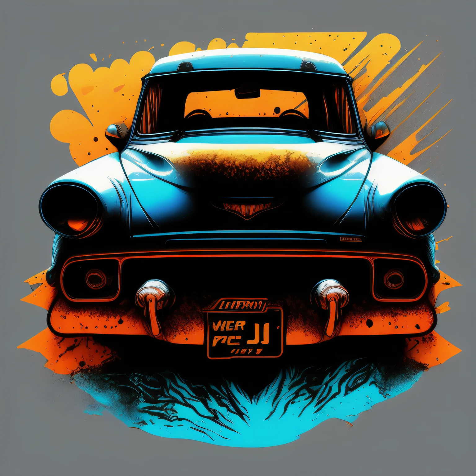 car, adesivo, foco nítido, detalhado, quadrinhos, grafite, graphic, blue amarelo laranja, fundo branco design para tshirt