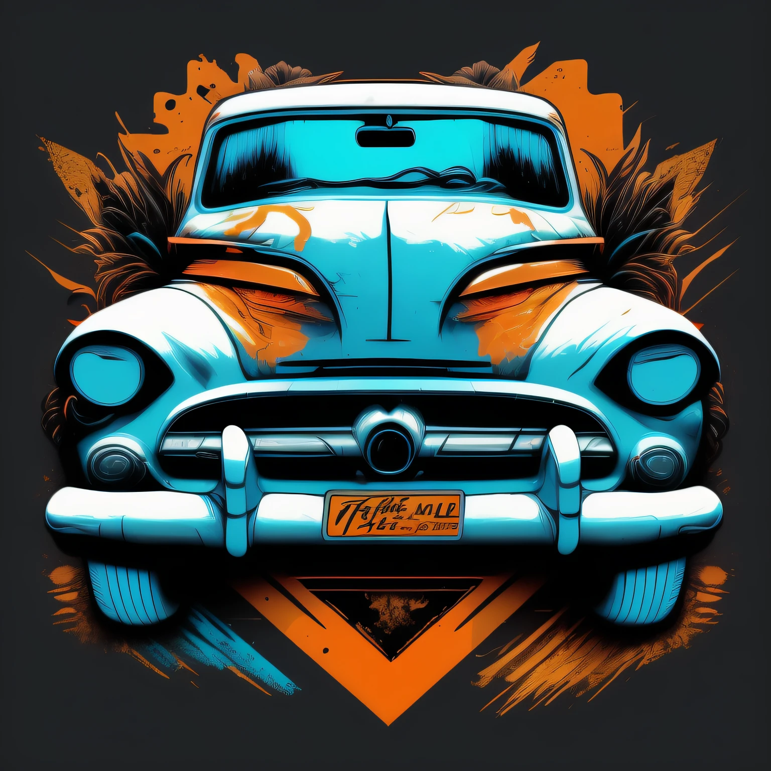 car, adesivo, foco nítido, detalhado, quadrinhos, grafite, graphic, blue amarelo laranja, fundo branco design para tshirt
