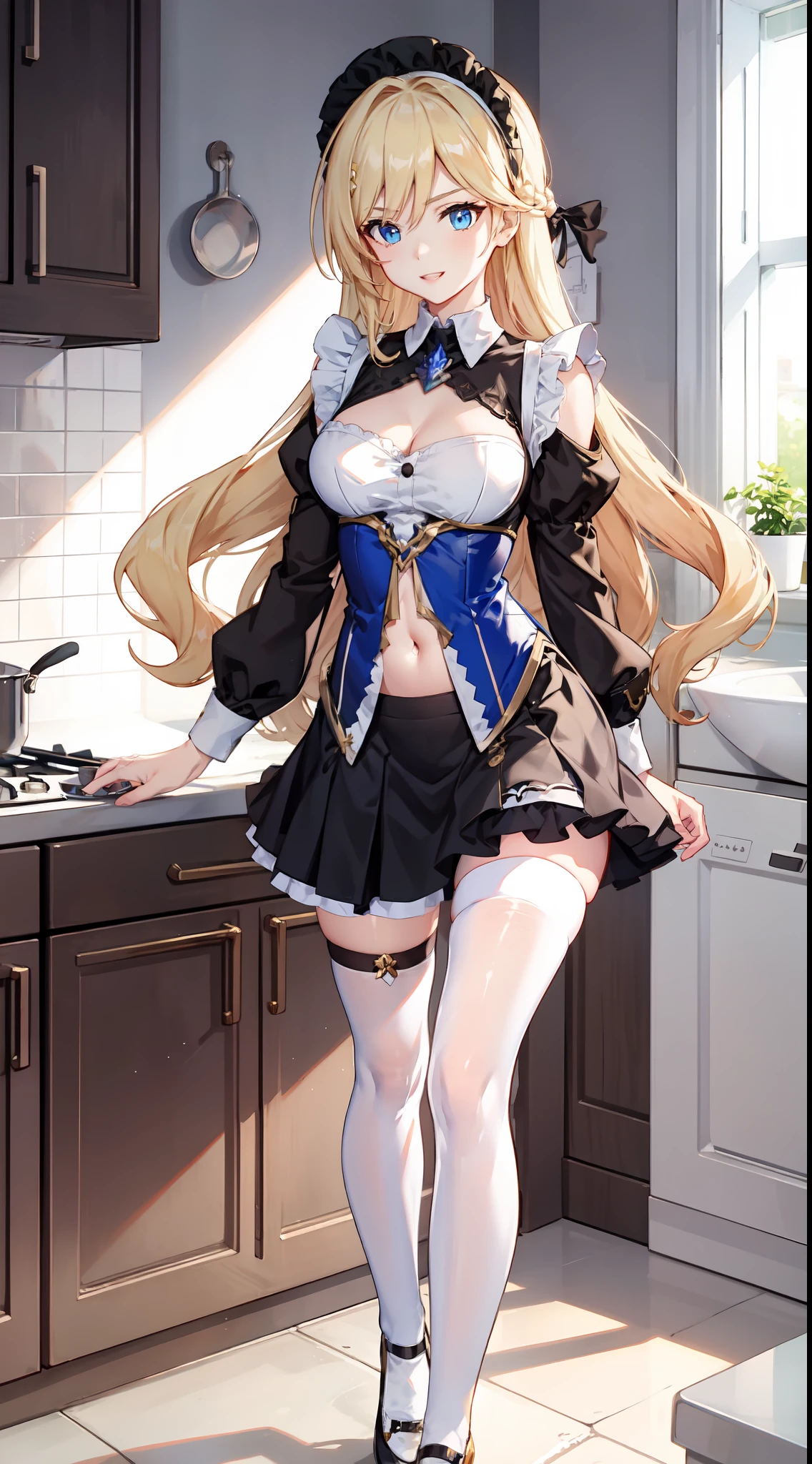 slim legs, cleavage, short skirt, navel, blue eyes, thigh high socks, stand, blonde hair, long hair, short skirt, durandal, happy, maid uniform, kitchen