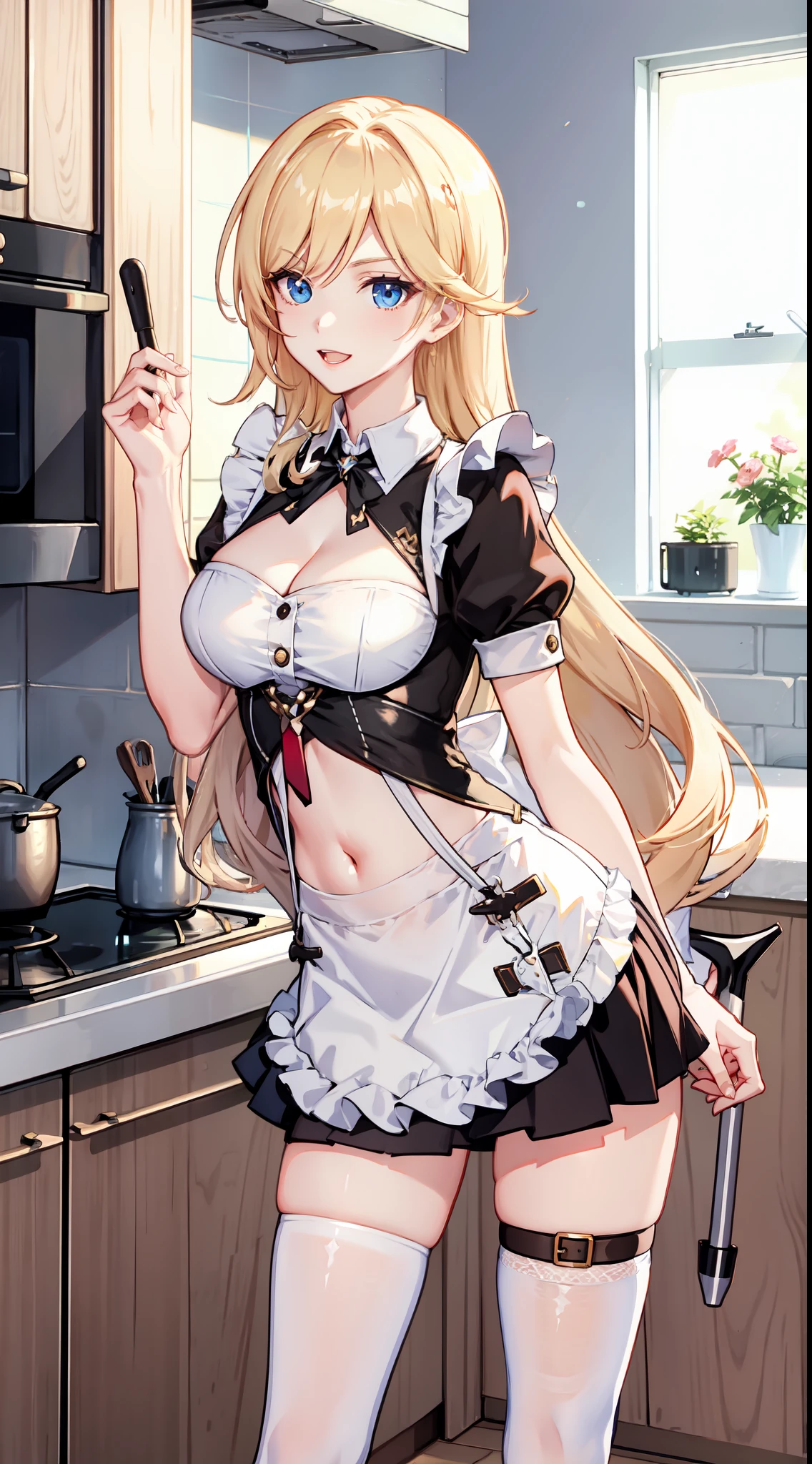 slim legs, cleavage, short skirt, navel, blue eyes, thigh high socks, stand, blonde hair, long hair, short skirt, durandal, happy, maid uniform, kitchen