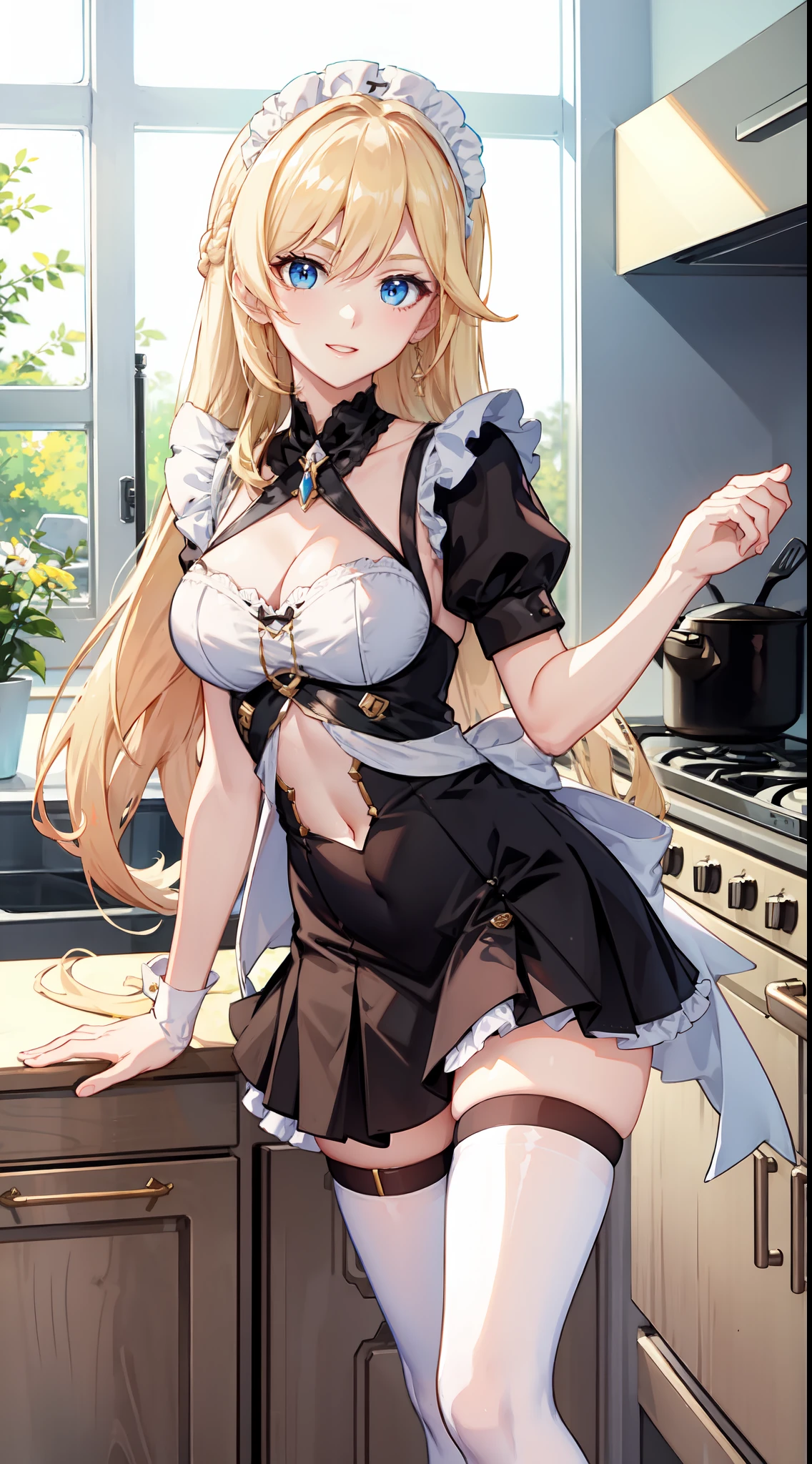 slim legs, cleavage, short skirt, navel, blue eyes, thigh high socks, stand, blonde hair, long hair, short skirt, durandal, happy, maid uniform, kitchen