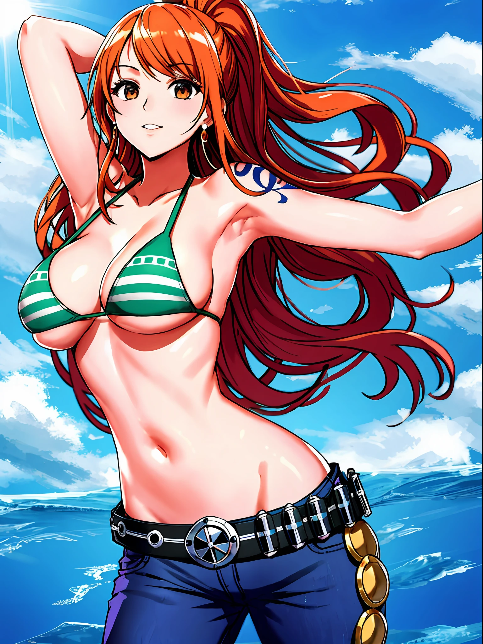 detailed background, masterpiece, best quality, late youth, adult, (hand spread sideway), 1girl, active, energic, (largemouth) , (((solo))), nami \(one piece\), 1girl, bangle, (leaning forward, tilting, hands up, bruises on body, (high extremly thick Voluminous ponytail, long hair, wavy ponytail, shaved armpit)), perfect detailed face, bold drawing lines, muscular arms, detailed bold arm lines, flat jaw, adult woman, (thick defined bangs, very long left side bangs, lock of hair upward), floating bang streaks, (big cheeks), bare shoulders, off-shoulders, belt, bikini, bikini top only, blue sky, bracelet, springy breasts, breast lines, big round eyes, plain big brown shiny eyes, bubbles, high eye position, cleavage, cloud, day, denim, earrings, floating hair, shiny hair, green belt, green bikini, bold groin lines, jeans, jewelry, medium breasts, log pose, long hair, looking at viewer, navel, wet hair, orange hair, pants, shoulder tattoo, sidelocks, sky, solo, standing, stomach, swimsuit, tattoo , looking at viewer, open mouth, detailed left arm, big forehead, hourglass figure, small head, toned body, wide hair, wind effect, sun effect, under the sun, narrow small ears angle, older, random poses,