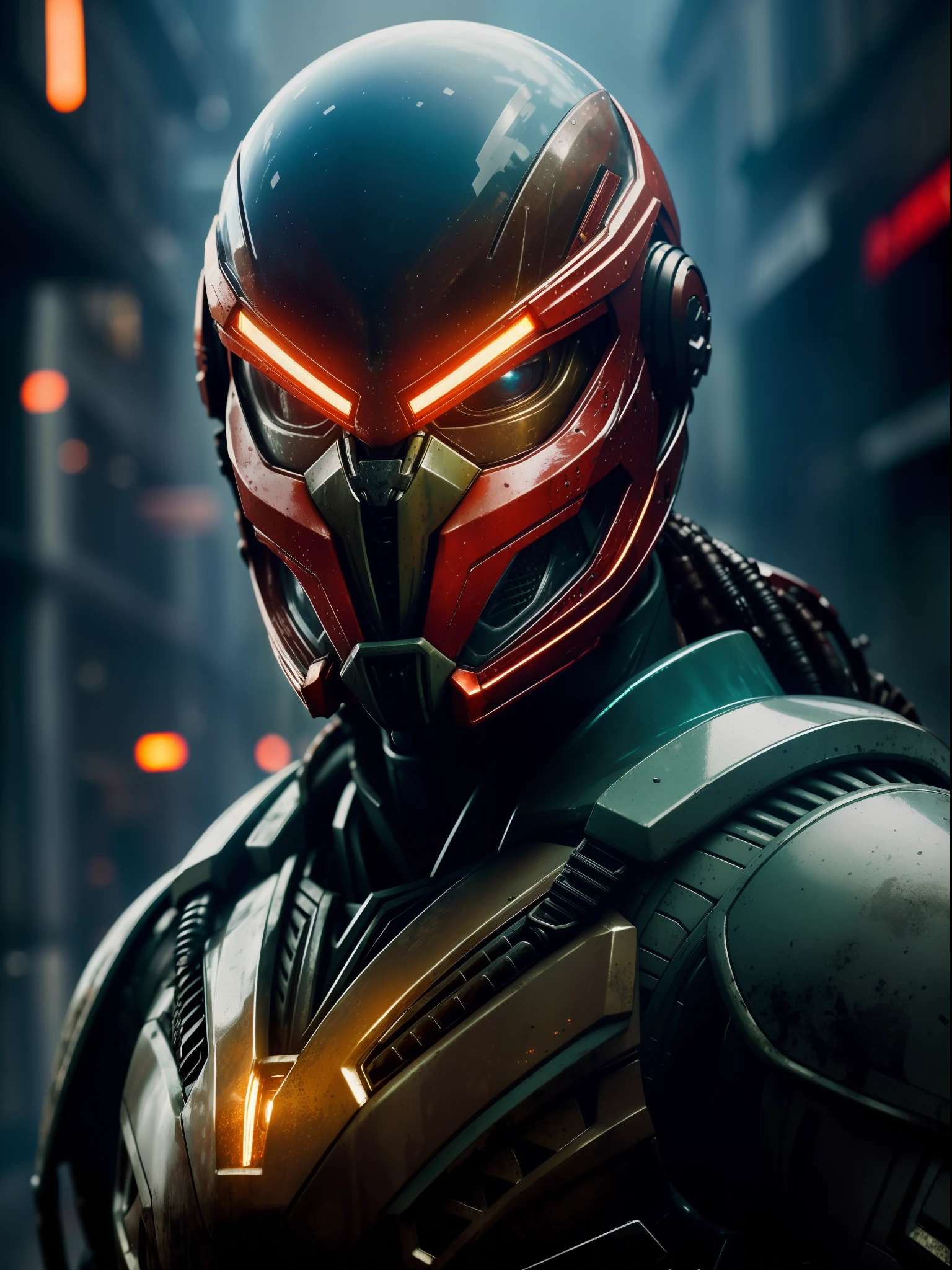 (Character portrait photography based on "The Predator") Mech suit worn in clear camouflage, ((light bokeh)), intricate, ((Translucent) liquid water [rust]), sleek, sharp focus, photo by greg rutkowski, low lighting, vibrant colors, masterpiece, ((streets)), detailed face