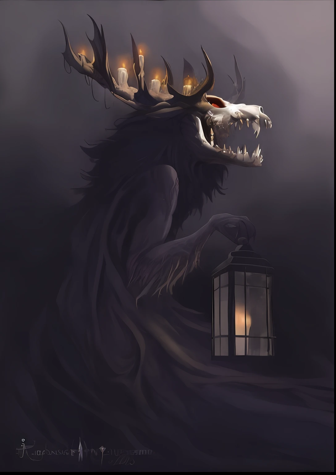 A closeup of a dragon with a flashlight in hand, nightmarish illustration, evil spirits roam with lanterns, dark illustration, Wendigo, an ominous fantasy illustration, no estilo da arte da fantasia sombria, arte de terror elegante, dark fantasy illustration, O Wendigo, arte de estilo fantasia escura, criatura de pesadelo, criatura assustadora, arte de terror de fantasia sombria