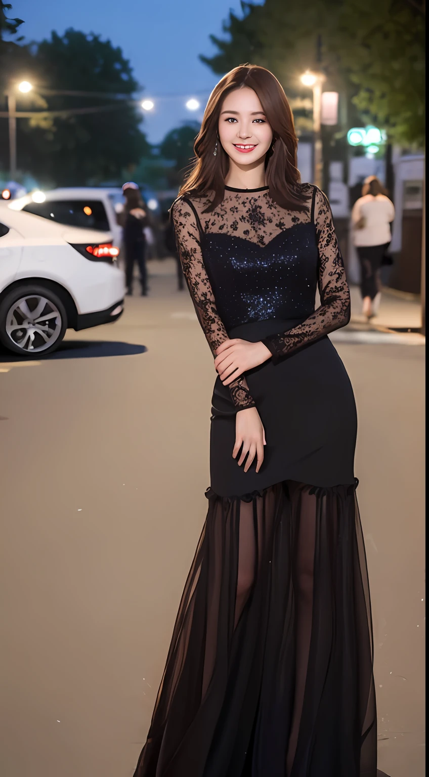 ((Best quality, 8k, Masterpiece :1.3)), 1girl, smiling, full body, slim face, Pretty woman, (Dark brown hair), full length dress :1.1, Ultra-detailed face, Detailed eyes, Double eyelid, blur background, slim face, city, outside, street,