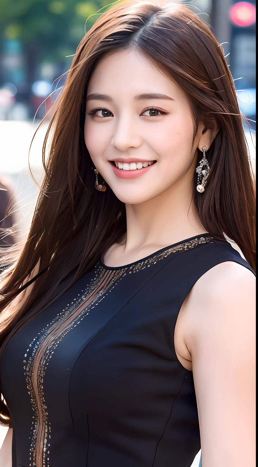 ((Best quality, 8k, Masterpiece :1.3)), 1girl, smiling, full body, slim face, Pretty woman, (Dark brown hair), full length dress :1.1, Ultra-detailed face, Detailed eyes, Double eyelid, blur background, slim face, city, outside, street,