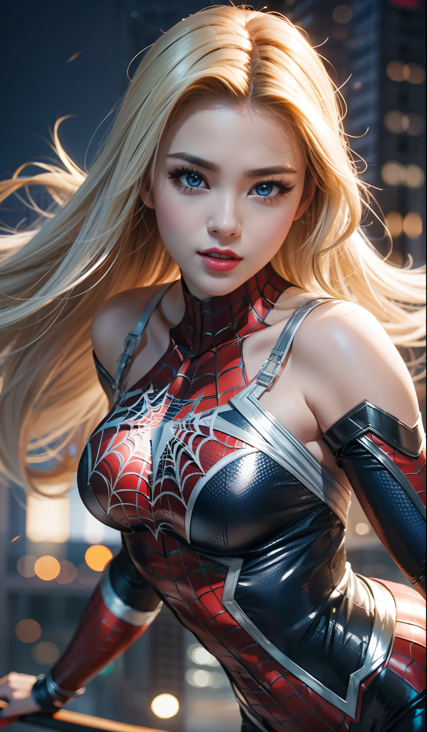 （tmasterpiece：1.4）， （8k， realisticlying， RAW photos， best qualtiy： 1.4）， japanes， （1girll）， beauitful face， （photorealiscic face：1.4）， （whaite hair， long whitr hair：1.3）， Beautiful hairstyle， beatiful detailed eyes， （best ratio eyes：1.5）， Attractive， 超高分辨率， Ultra photo realsisim， highly  detailed， Optimal proportions， （Detailed face：1.4）， looking at viewert， Red lipstick， （best ratio fingers：1.5）， （white super hero theme， carismatic， there's a girl on top of town，Wearing lingerie Spider-Man costume，she is a superhero），[（（25 age old），full bodyesbian，（Realistic blue eyes：1.2），（（Spider-Man pose），Show power，jump from one building to another），（（sandy urban environment）：0.8）|（view over city，the night，dynamic lights），（moon full））] # illustrated：The Prompt mainly describes a 4K painting of ultra-high definition，very realistic，The is very detailed。It showcases superheroines at the top of the city，wearing Spider-Man costume。The subject in the painting is a white superhero theme，The heroine has long white hair，He is 25 years old，The entire figure is shown in the painting。In terms of depicting the action of a superheroine，Spiders were used，