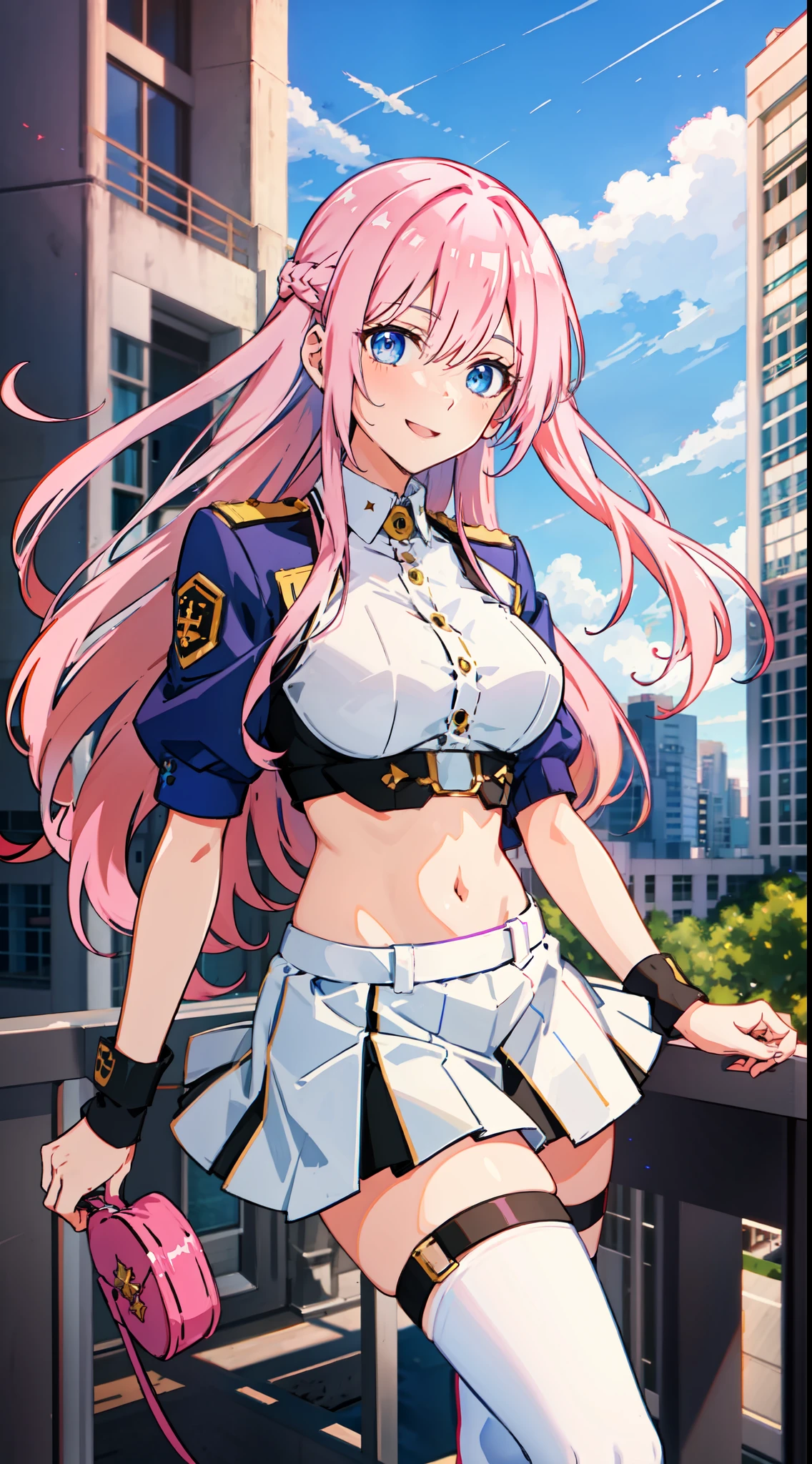 shikimori, slim legs, exposed navel, short skirt, beautiful eyes, blue eyes, happy, soldier uniform, pink hair, long hair, thigh high socks, balcony, full body,