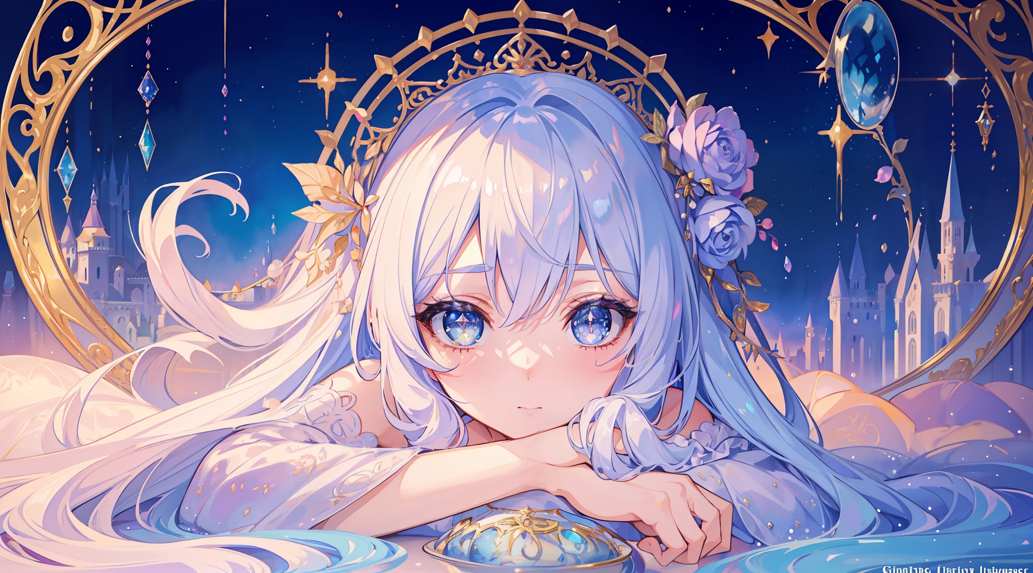 masterpiece, best quality, 8k resolution, sharp focus, intricate detail, beautiful girl, sparkling eyes, golden ratio face, otherworldly liquid, watercolor, ((pastel colors)), bright colors, whimsical, colorful, sharp focus, high resolution, fine detail, princess fantasy ballgown, ((round eyes)), iridescent bubbles, castle landscape in background