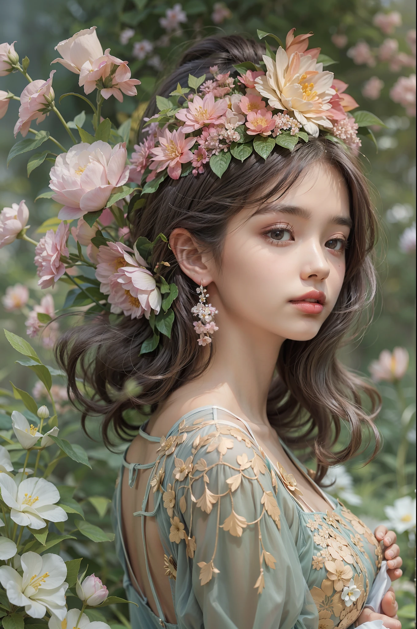 A beautiful dream princess. She wears a beautiful dress and nice hairstyle. She is standing in front of a large garden of small flowering plants.