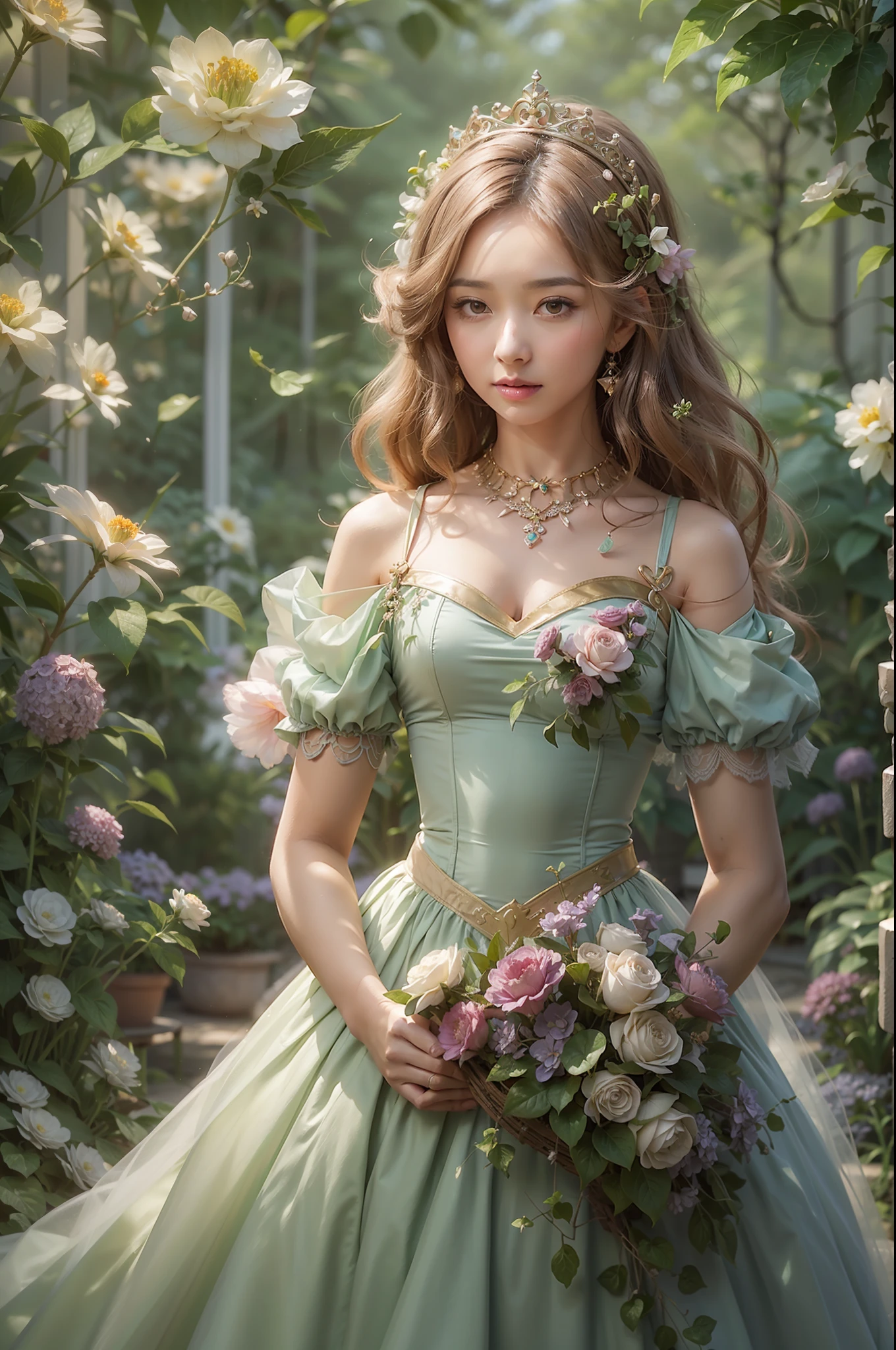 A beautiful dream princess. She wears a beautiful dress and nice hairstyle. She is standing in front of a large garden of small flowering plants.