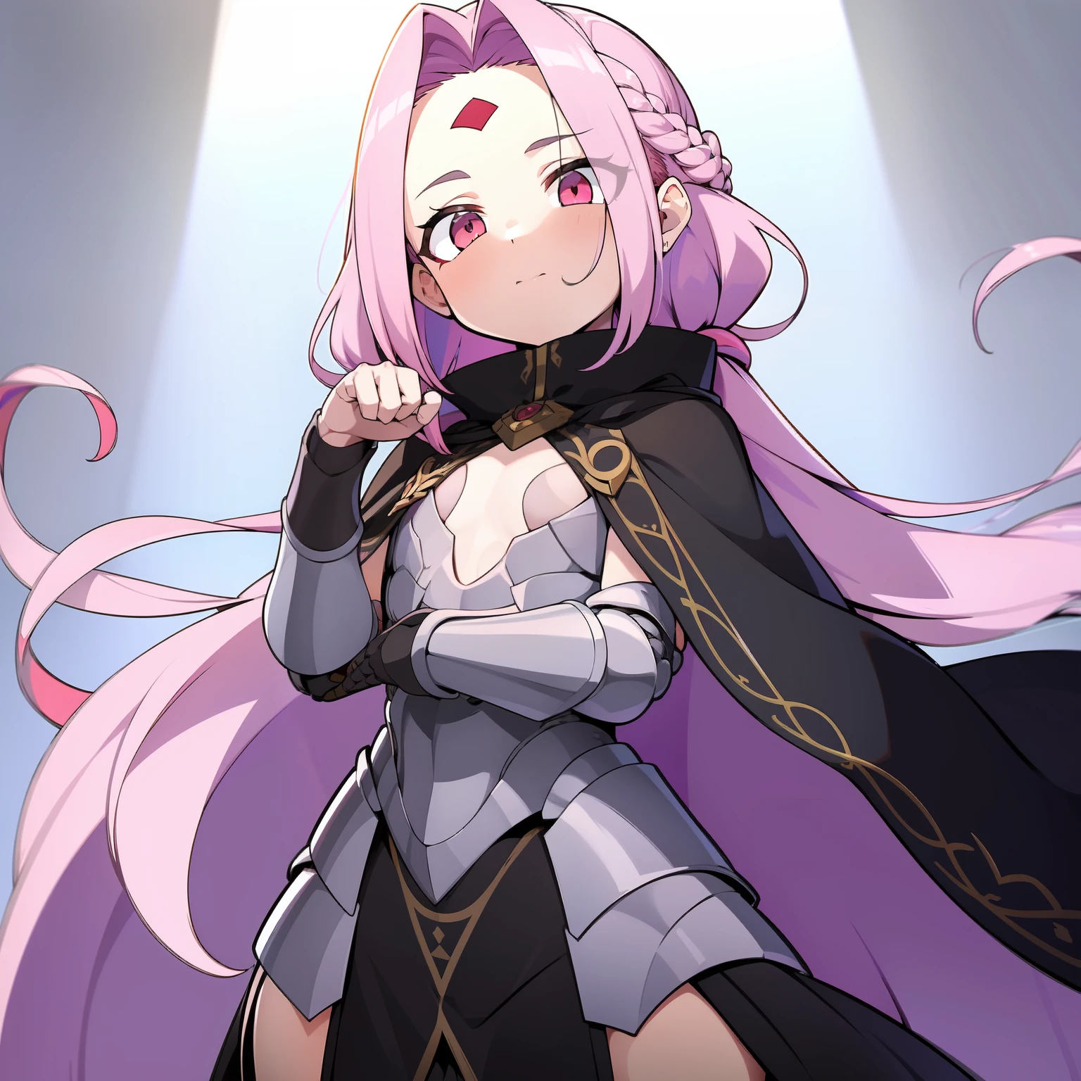 masterpiece, best quality, sharp focus, absurdres, ++ 1girl, solo, fantasy, light purple hair, very long hair, curly hair, french braid, single sidelock, forehead, red eyes, pink eyes, multicolored eyes, small chest, flat chest, , light armor, dark purple armor, black cape, dollgirl, doll joints, ++ face only, looking at viewer, cold, neutral, hands out of frame