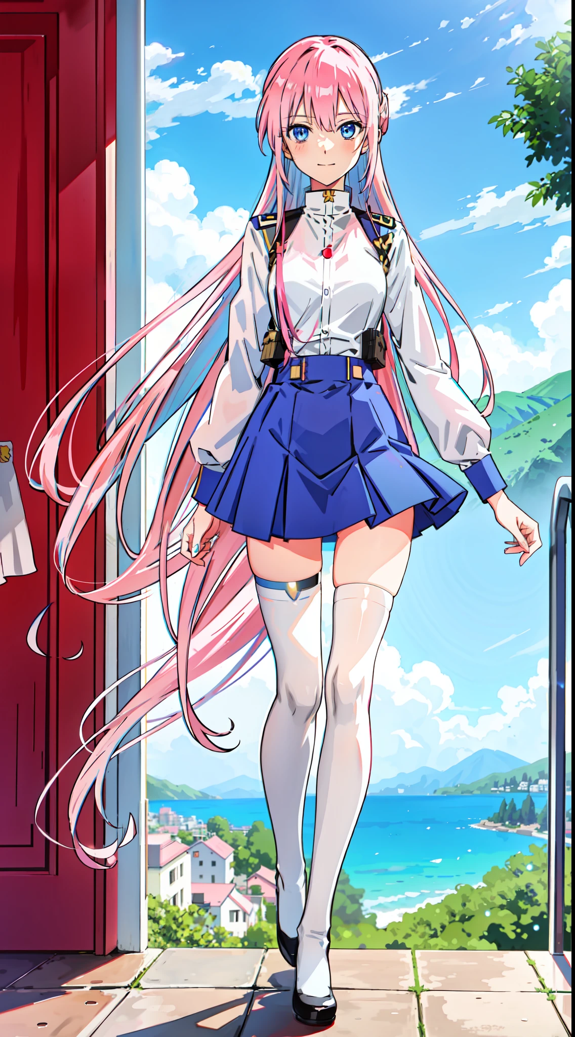 shikimori, slim legs, exposed navel, short skirt, beautiful eyes, blue eyes, happy, soldier uniform, pink hair, long hair, thigh high socks, balcony, full body, leaning