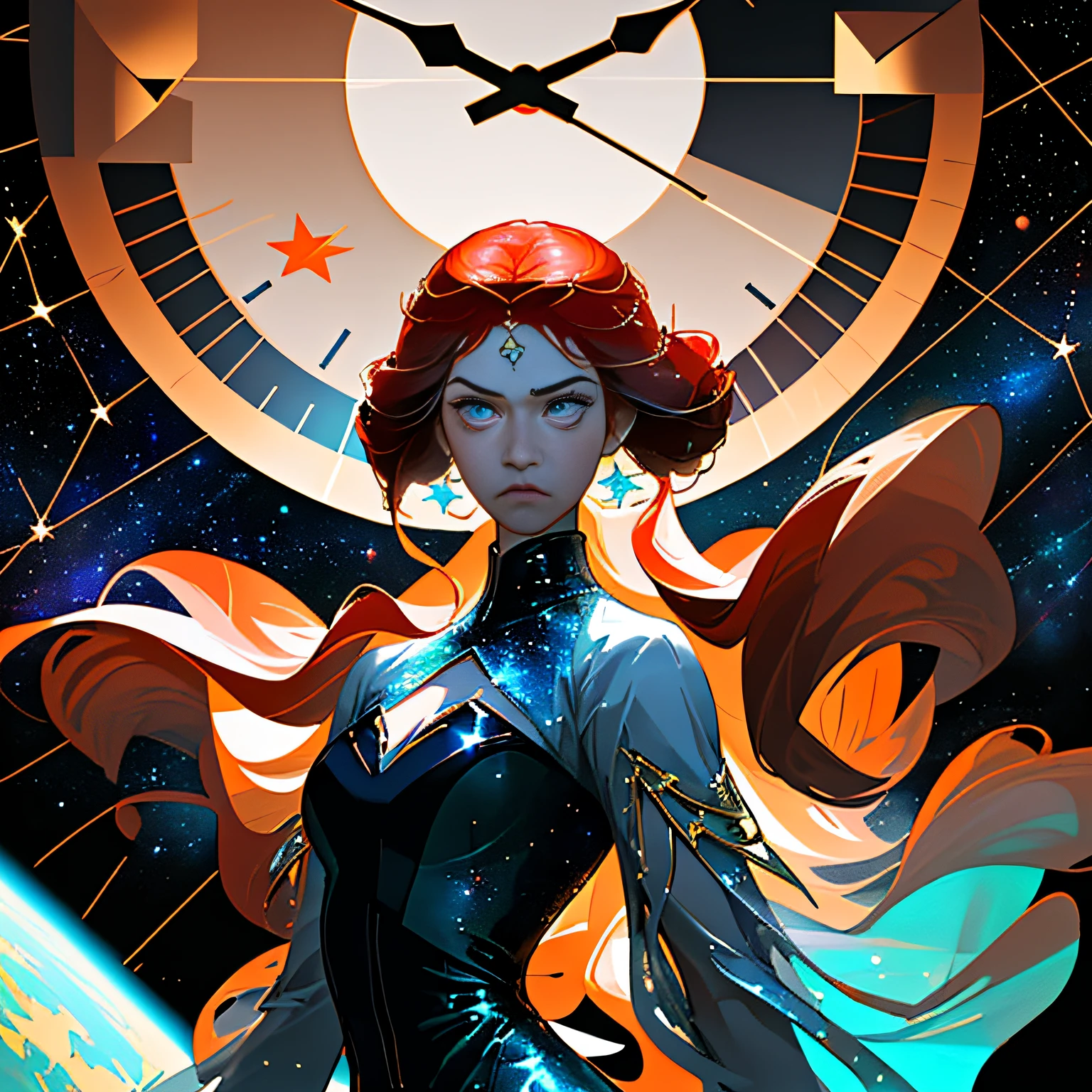 ultra-detailed representation,Infinitely detailed representation,Scenes of fatal blows,Full of mysterious and unforeseen forces. A Goddess woman. Fantasy Chic Sexy Stars Clothing. Thin face. Gray eyes. Light red long red hair. Angry face. Space with stars in the background and clock hands. Predominant gold and blue colors high quality. Holding a constellation.