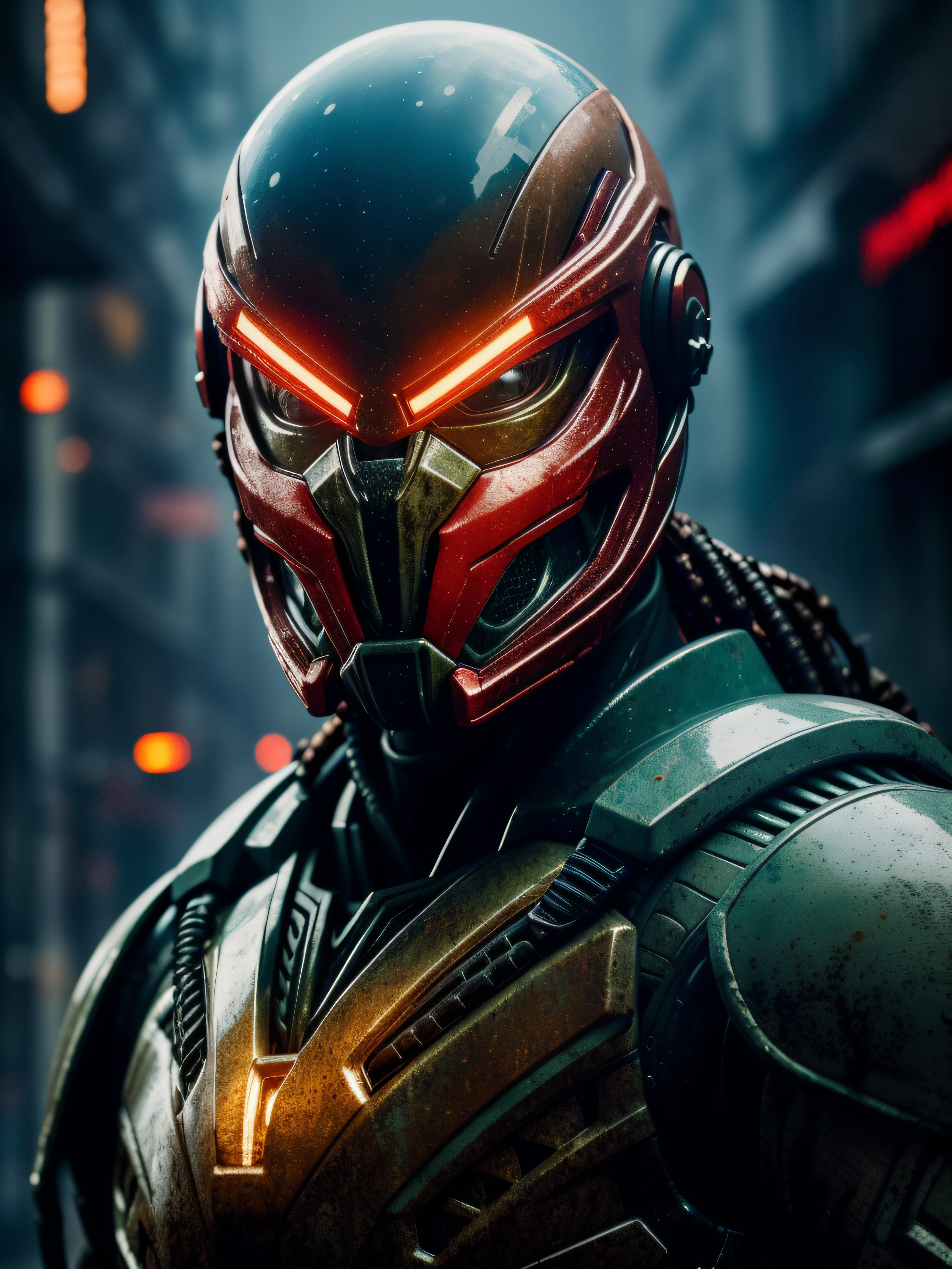 (Character portrait photography based on "The Predator") Mech suit worn in clear camouflage, ((light bokeh)), intricate, ((Translucent) liquid water [rust]), sleek, sharp focus, photo by greg rutkowski, low lighting, vibrant colors, masterpiece, ((streets)), detailed face