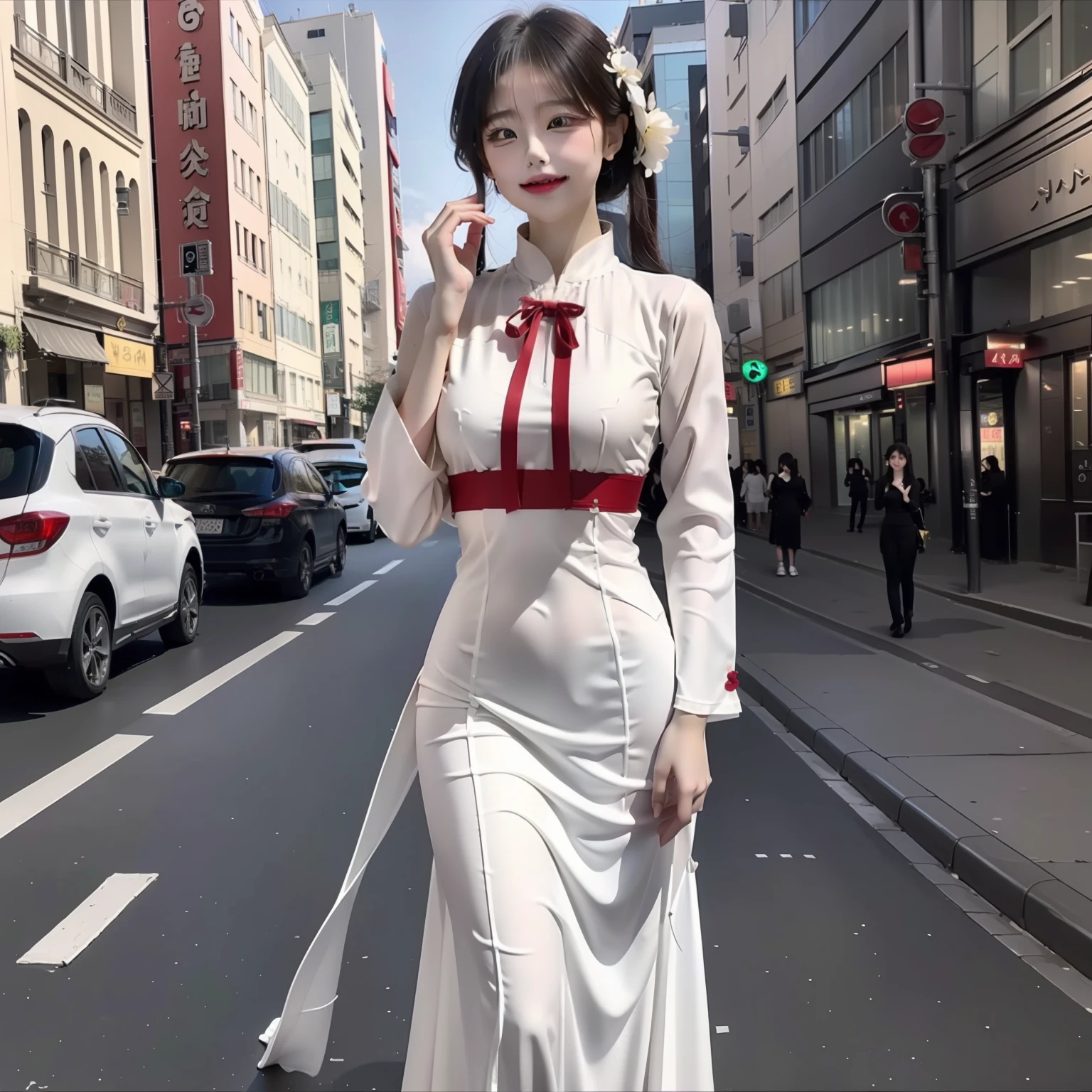 Top quality, 16k , (( masterpieces: 1.3 )) , asia girl , wear white Ao Dai , stand in street , quite simle , Slim figure , white bra ,