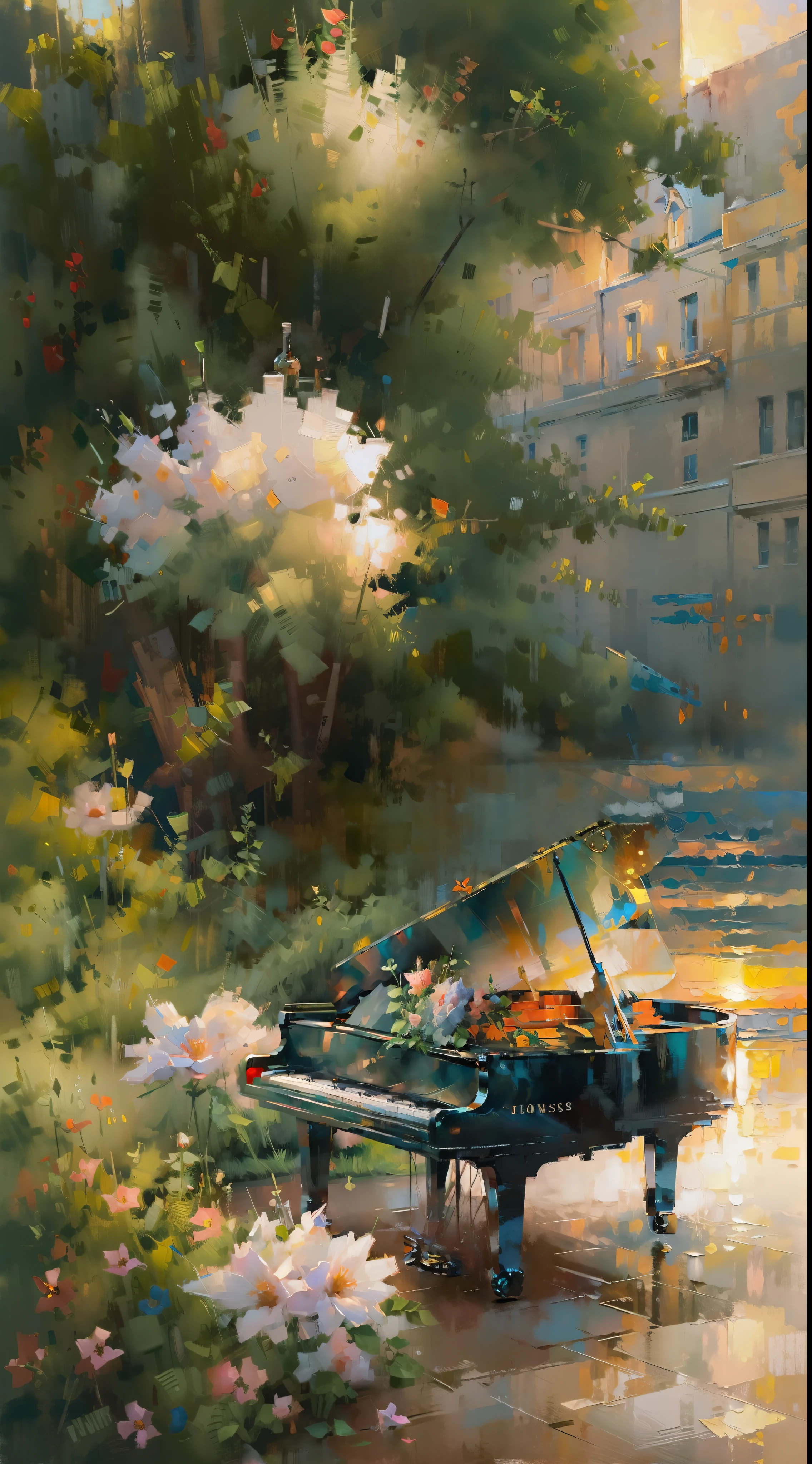 pianos，violin，Sparkling，oil painted，Lots of flowers，the sunset，Brush stroke，No characters