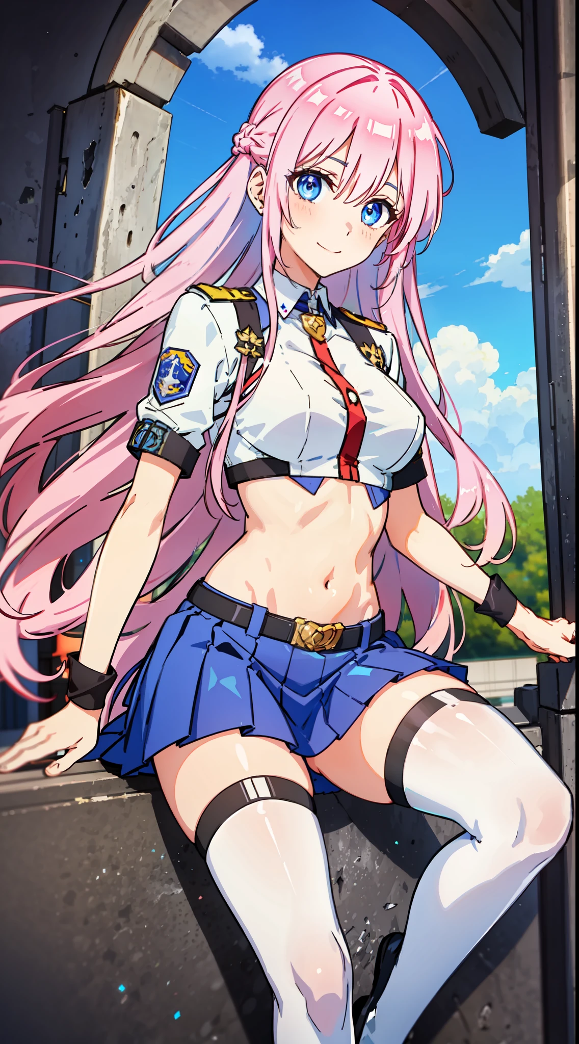 shikimori, slim legs, exposed navel, short skirt, beautiful eyes, blue eyes, happy, soldier uniform, pink hair, long hair, thigh high socks, balcony, full body,